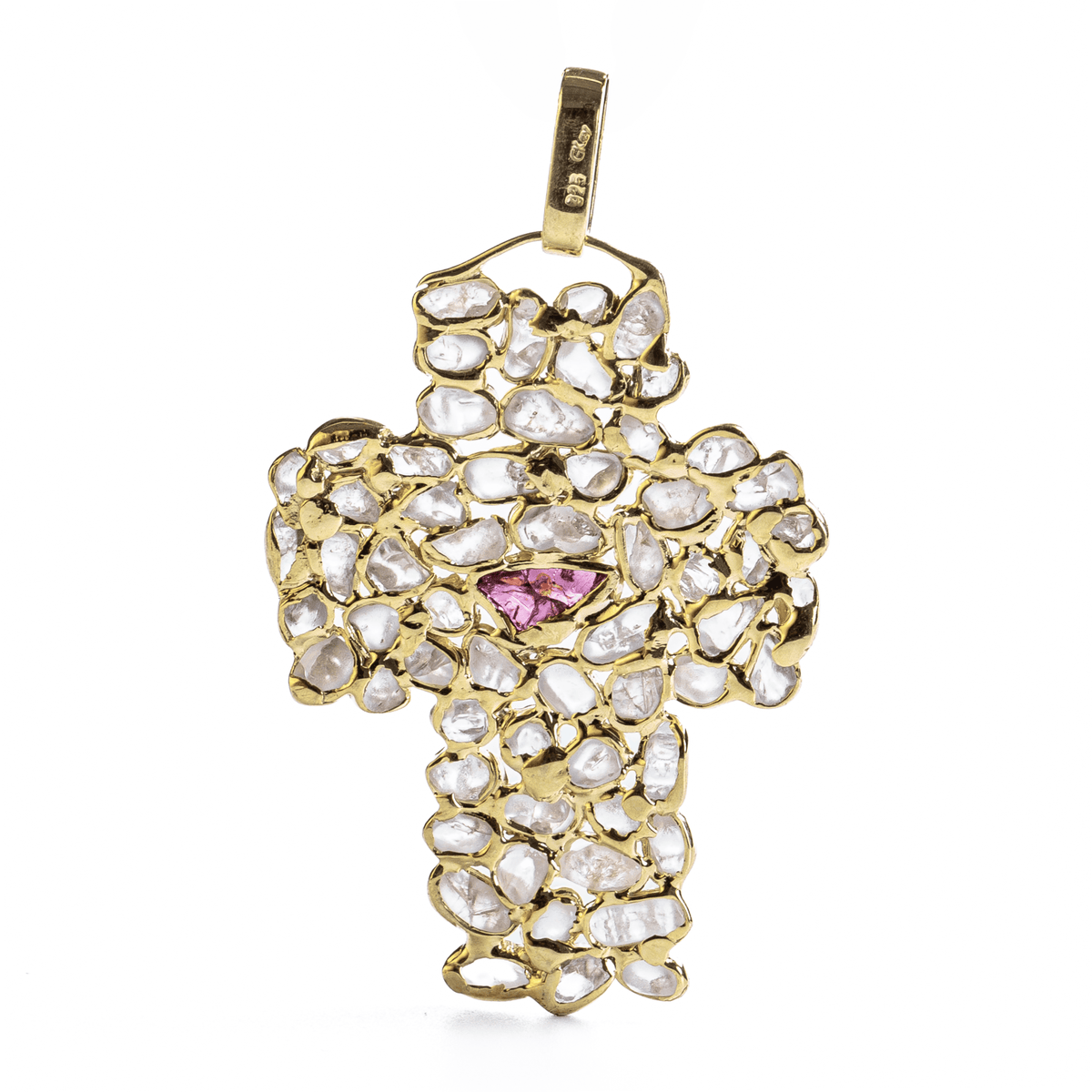 Zakif Singular Edition Cross Shaped Natural Raw White Zircon & Rhodolite Mosaic Silver Pendant