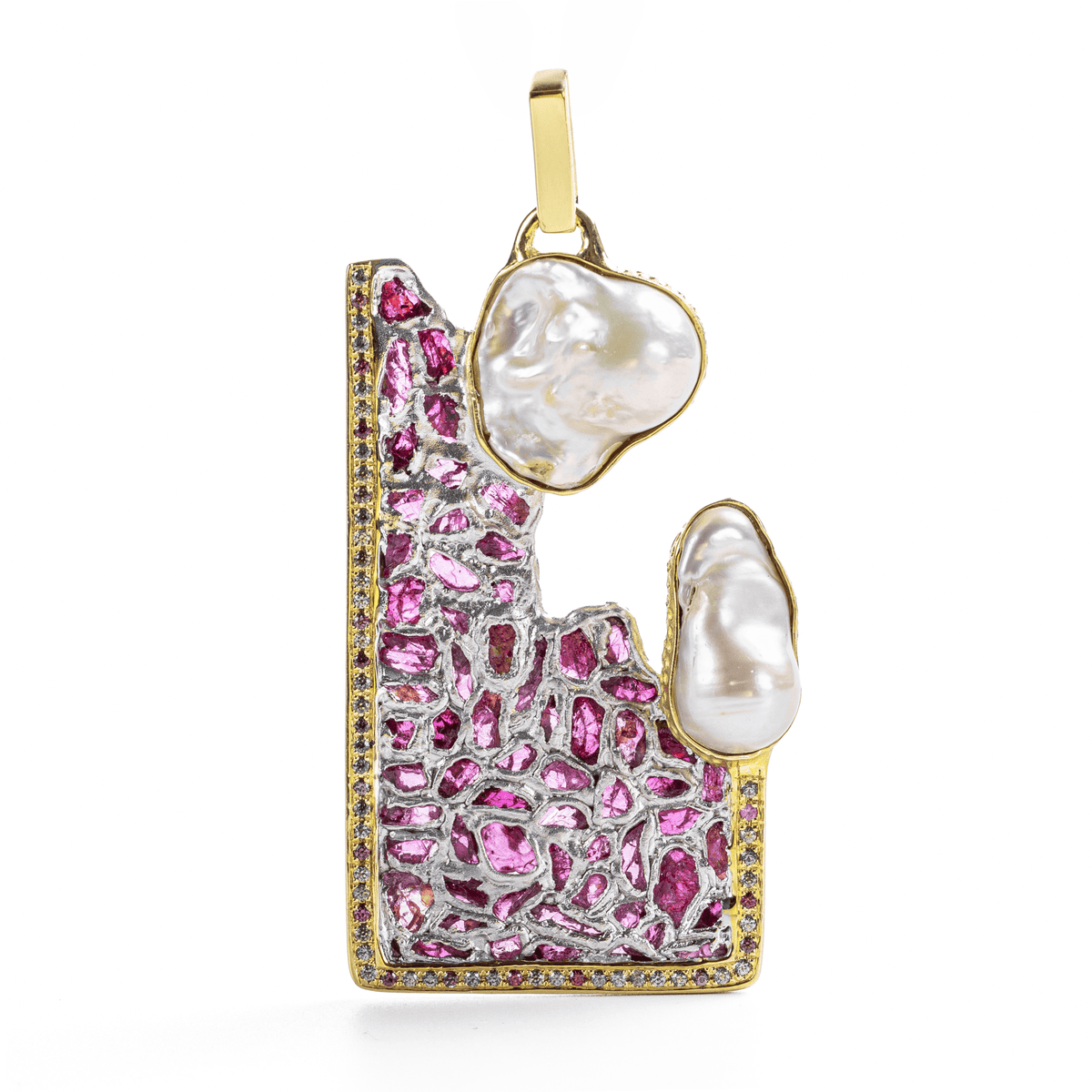 Khesbe Singular Edition Natural Raw Ruby & Baroque Pearl Mosaic Silver Pendant