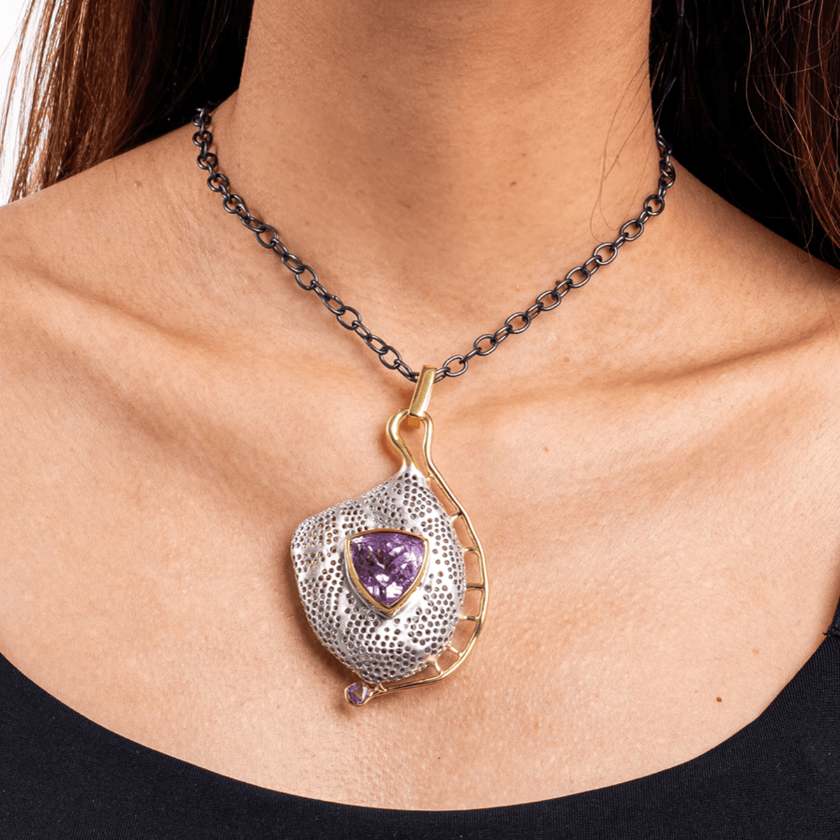 Lucidus Singular Edition Natural Trillion Cut Amethyst & Raw Pink Spinel Silver Pendant