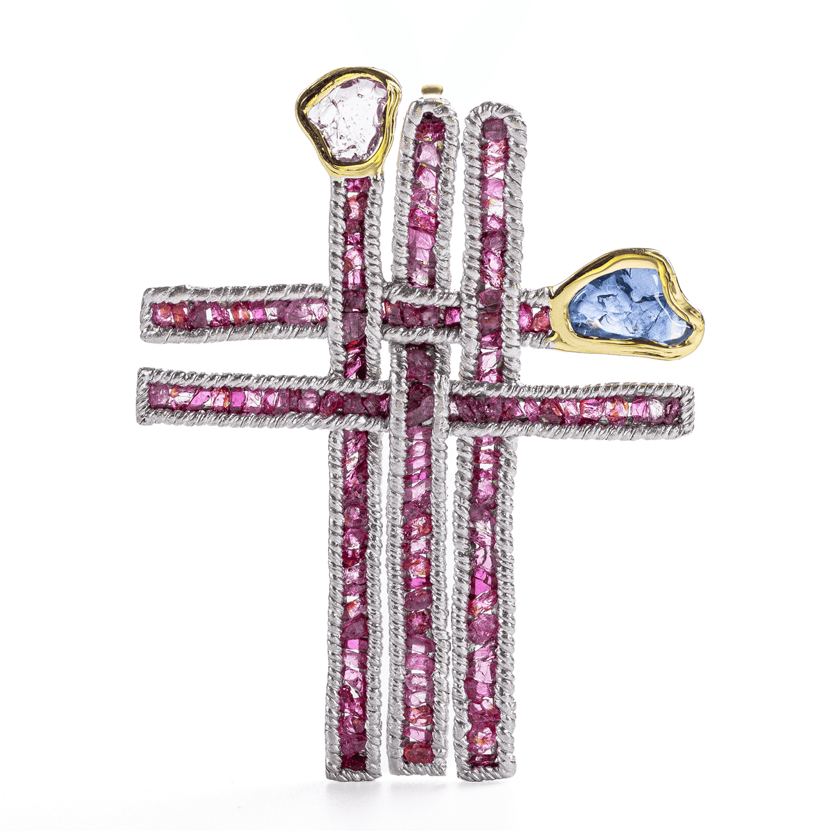Tau Singular Edition Cross Shaped Natural Raw Ruby, Pink Sapphire & Blue Sapphire Silver Pendant