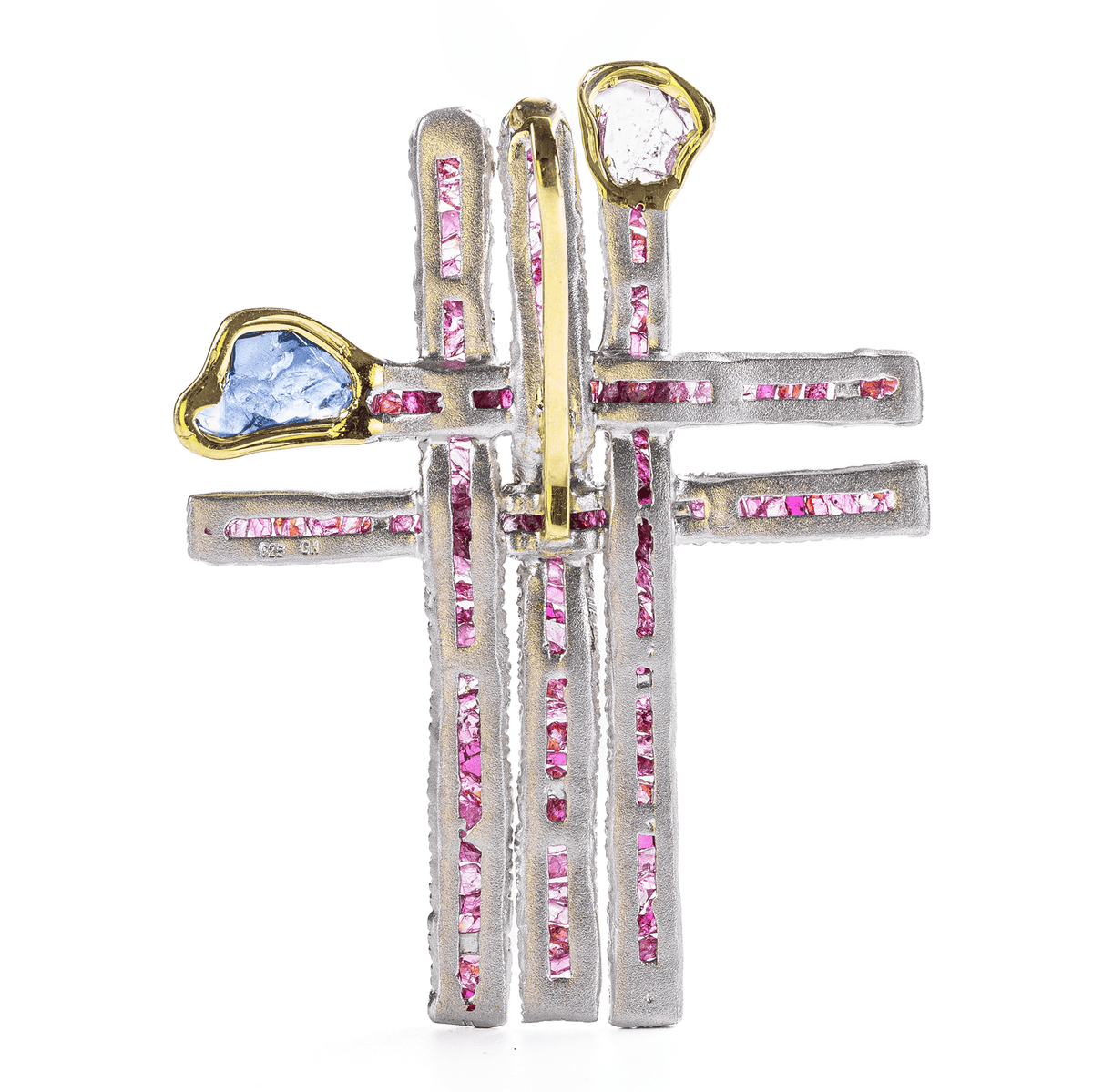 Tau Singular Edition Cross Shaped Natural Raw Ruby, Pink Sapphire & Blue Sapphire Silver Pendant