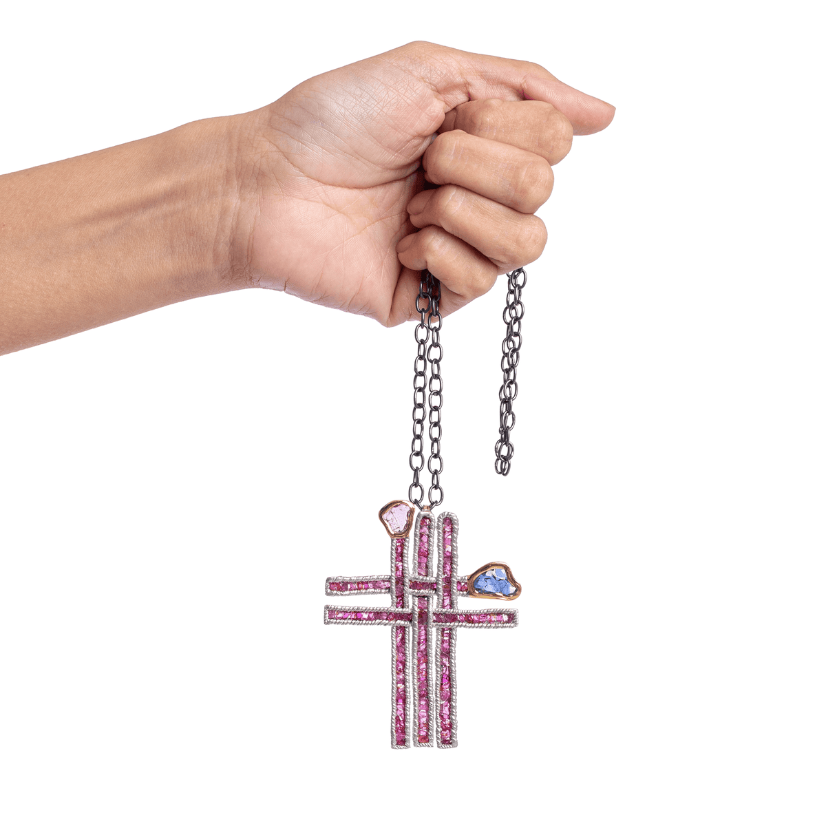 Tau Singular Edition Cross Shaped Natural Raw Ruby, Pink Sapphire & Blue Sapphire Silver Pendant