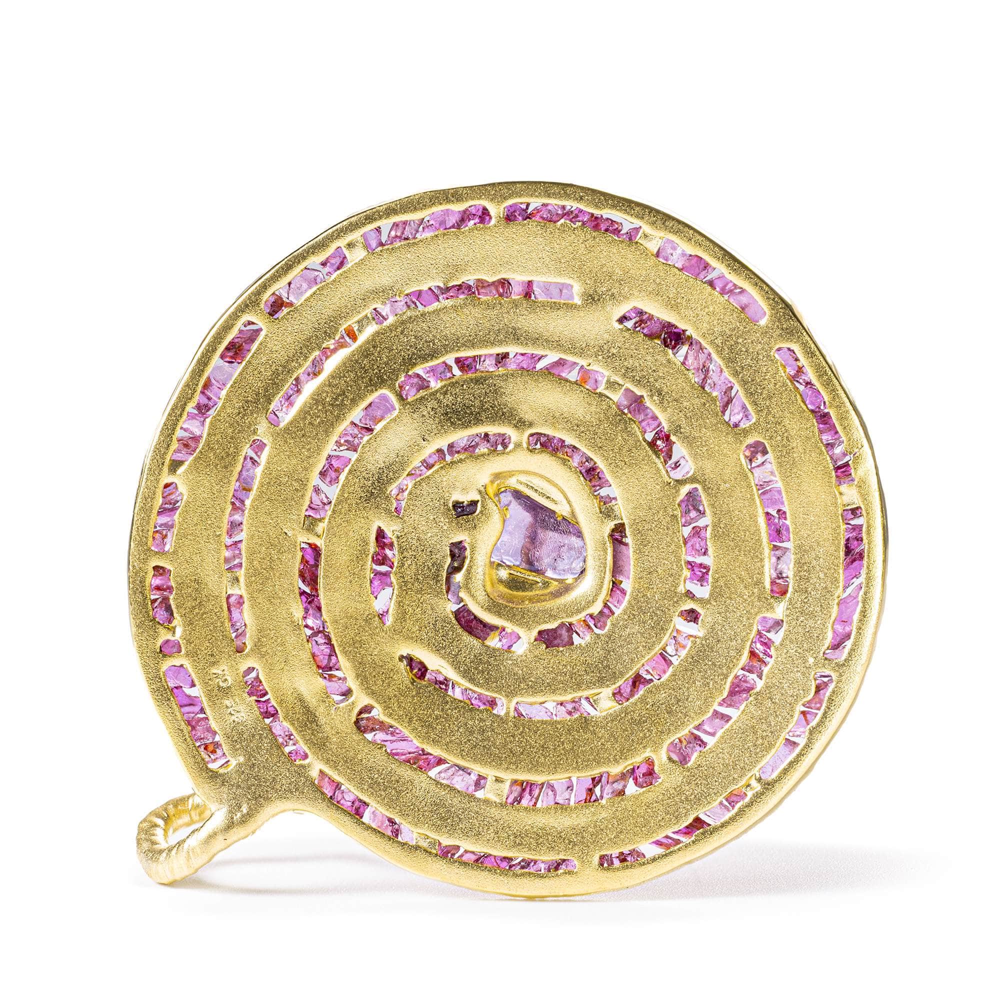 Wyrd Spiral Disc Pendant in Gold Plated Silver with Raw Ruby
