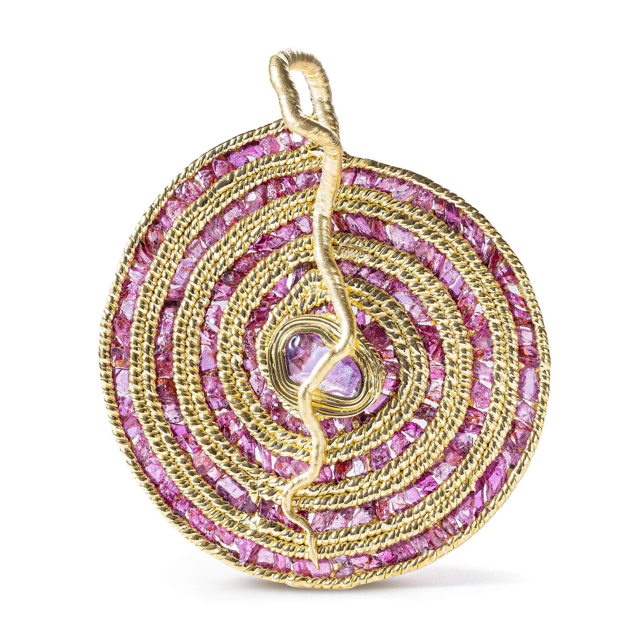Wyrd Spiral Disc Pendant in Gold Plated Silver with Raw Ruby