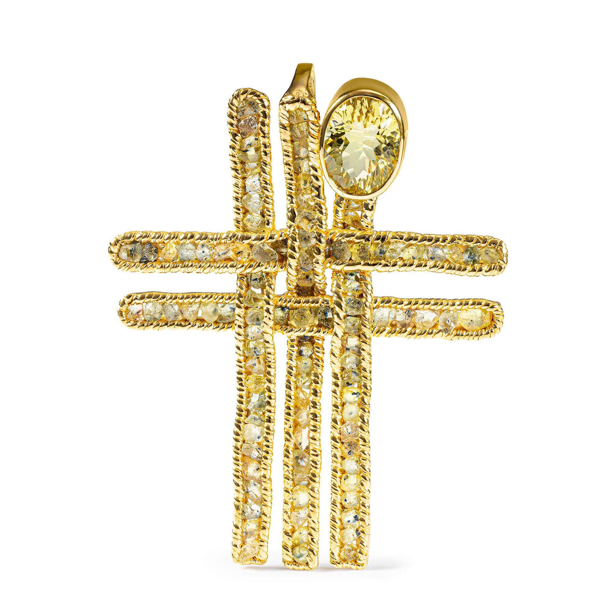 Sídhe Cross Silver Pendant with Raw Yellow Sapphire and Lemon Quartz