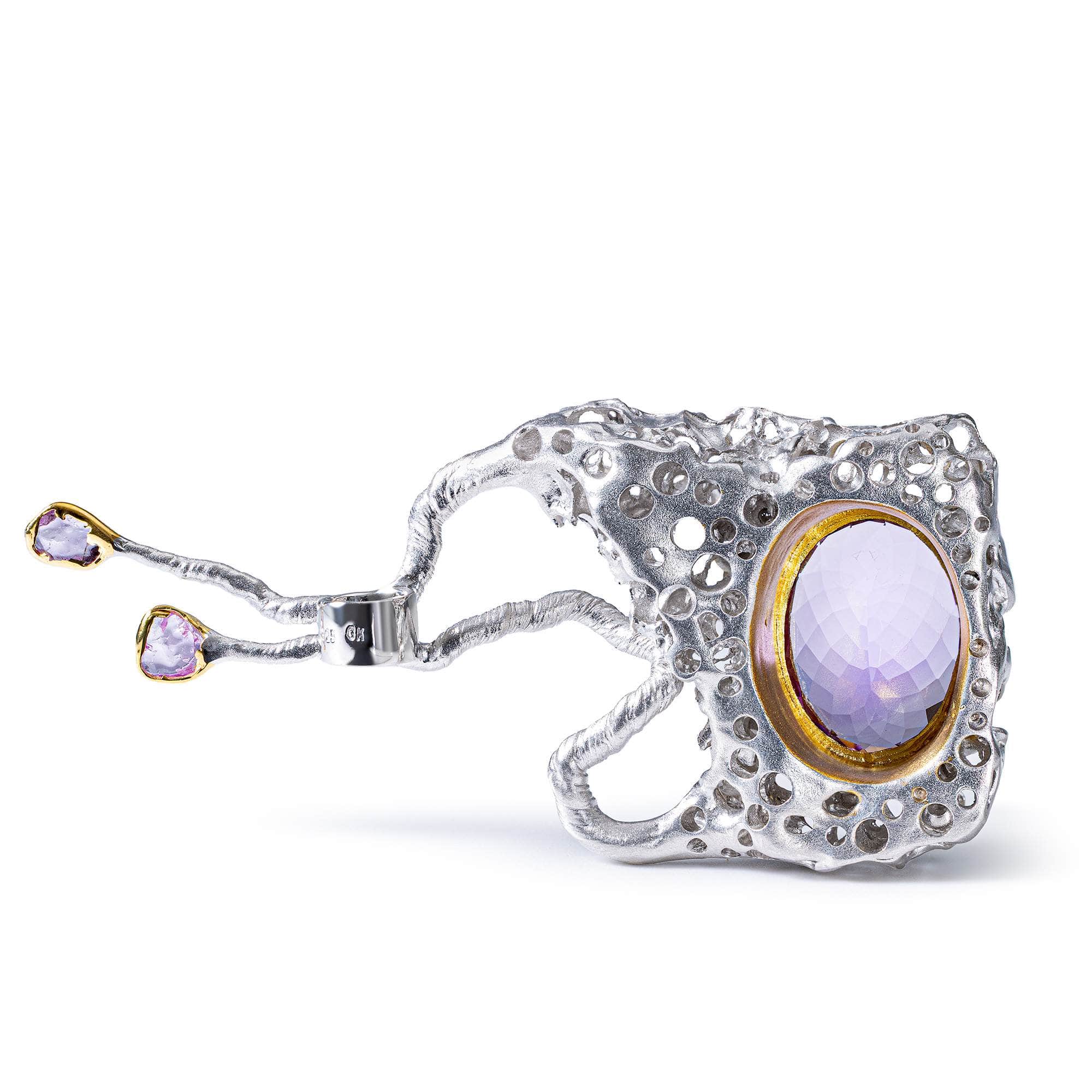 Khet Pendant with Amethyst and Rough Pink Sapphire on Molten Silver