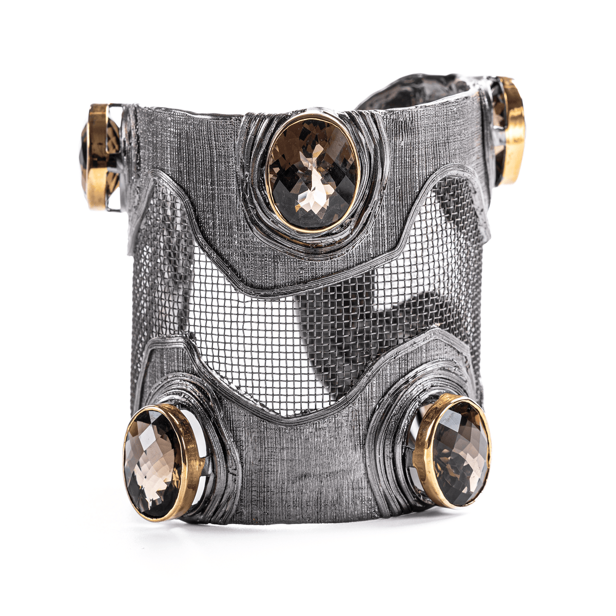 Meshi Silver and Titanium Mesh Bangle with Large Oval Cut Smoky Quartz