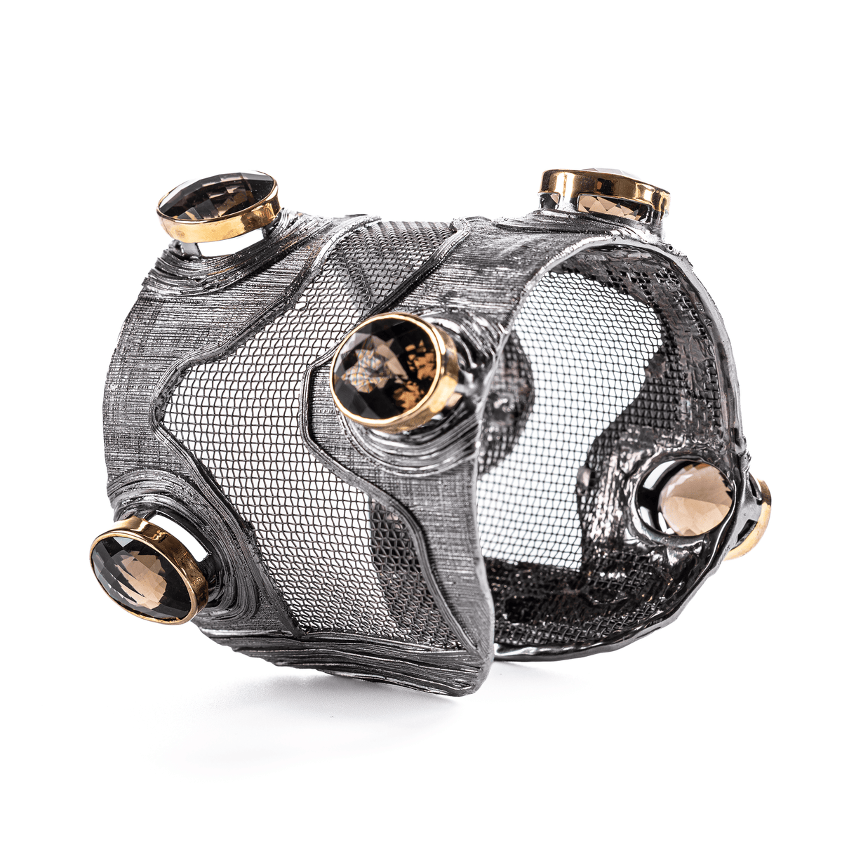 Meshi Silver and Titanium Mesh Bangle with Large Oval Cut Smoky Quartz