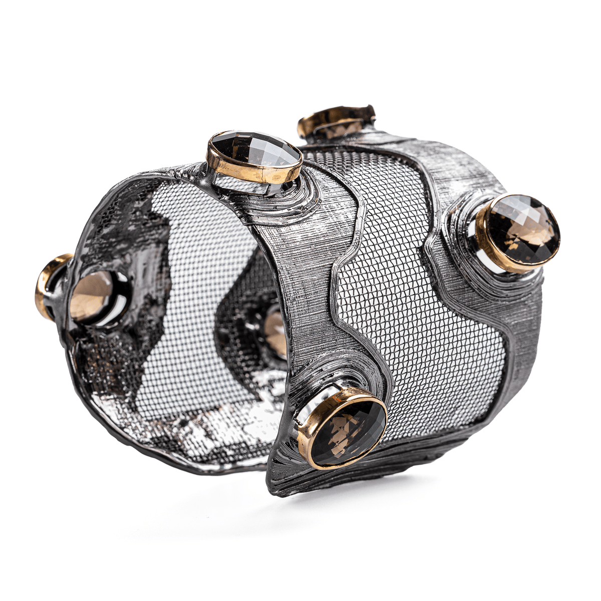 Meshi Silver and Titanium Mesh Bangle with Large Oval Cut Smoky Quartz