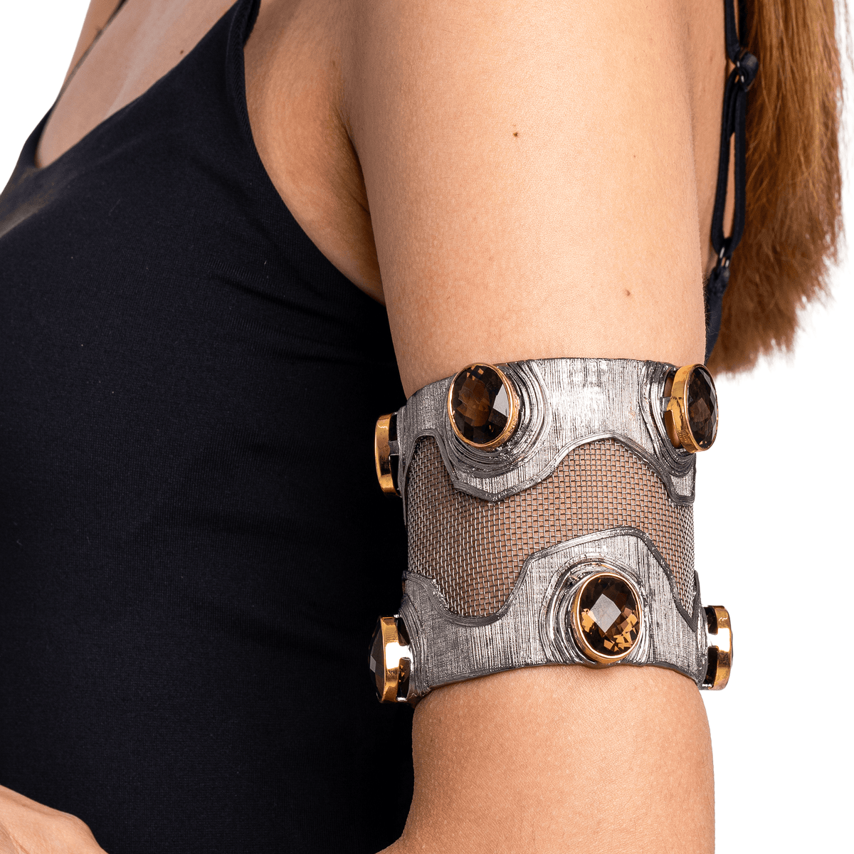 Meshi Silver and Titanium Mesh Bangle with Large Oval Cut Smoky Quartz