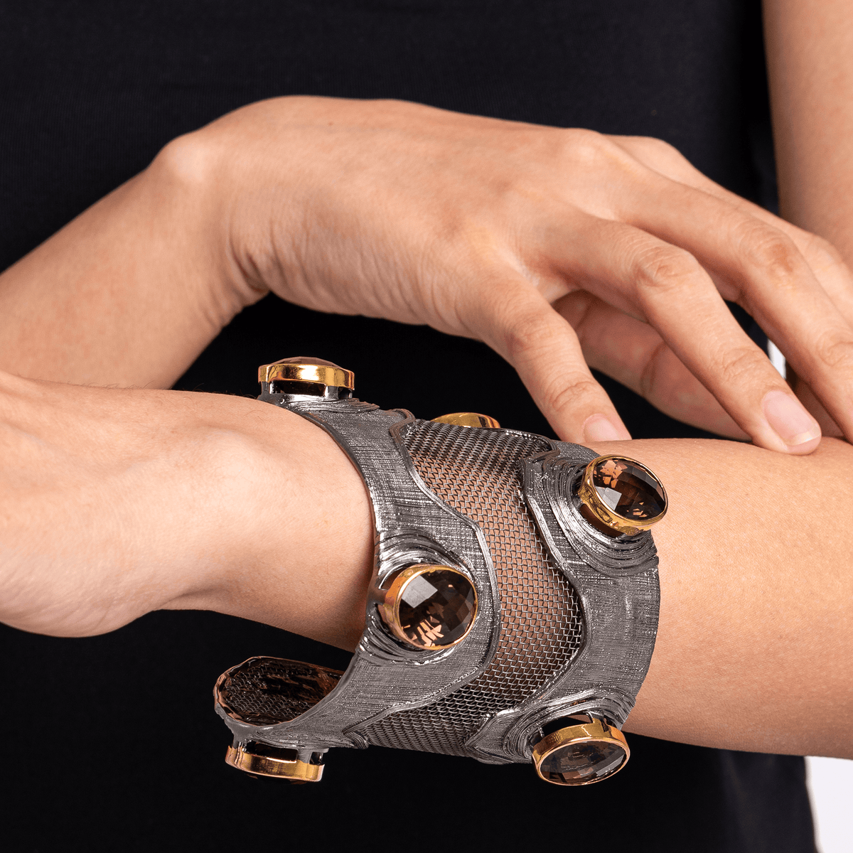 Meshi Silver and Titanium Mesh Bangle with Large Oval Cut Smoky Quartz