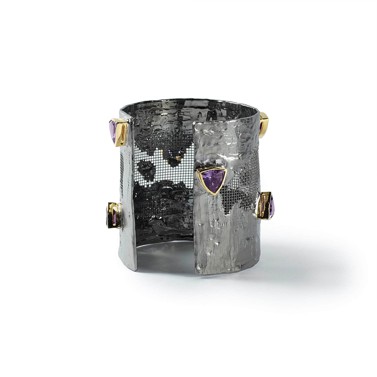Caranx Silver and Titanium Mesh Bangle with Trillion Cut Amethyst