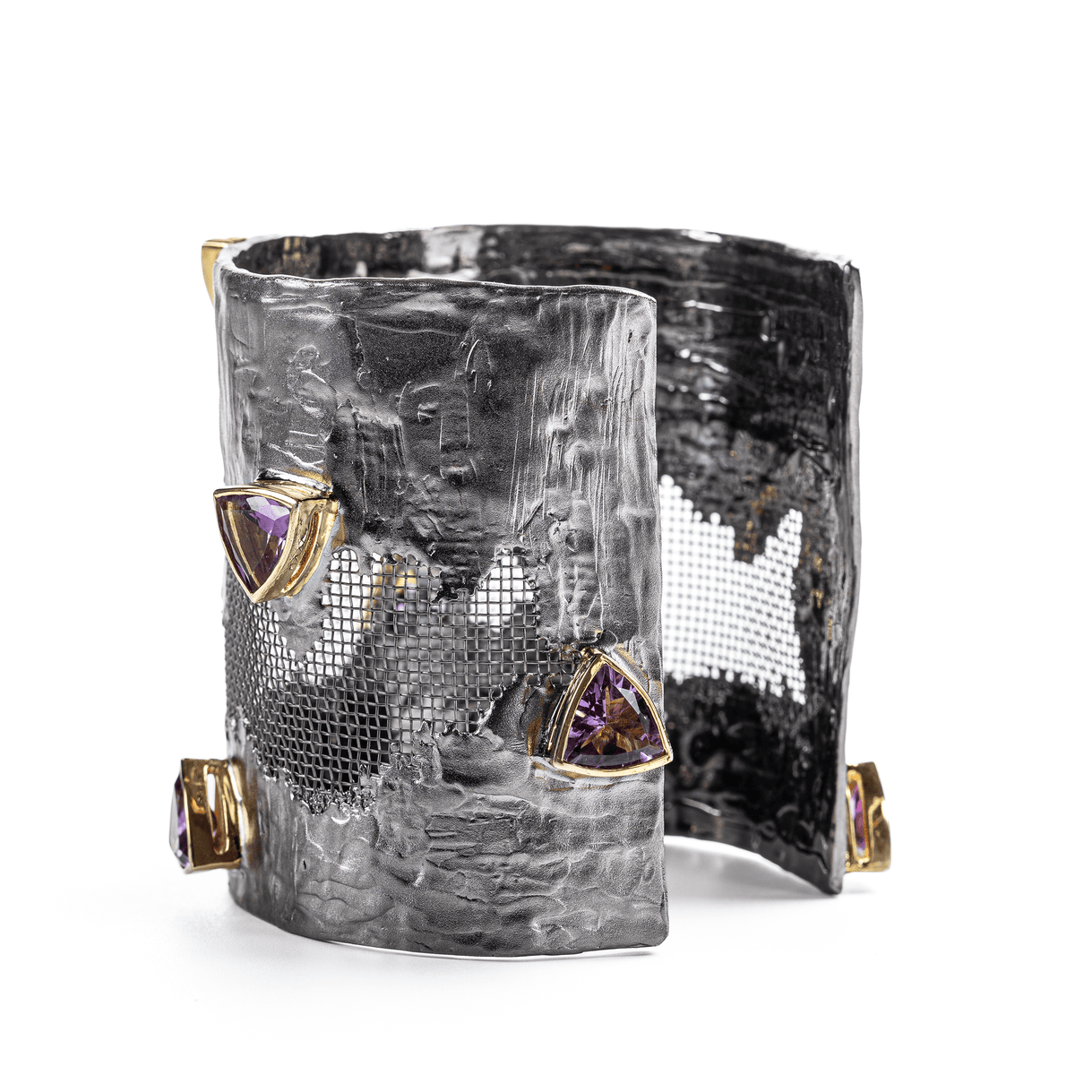 Caranx Silver and Titanium Mesh Bangle with Trillion Cut Amethyst