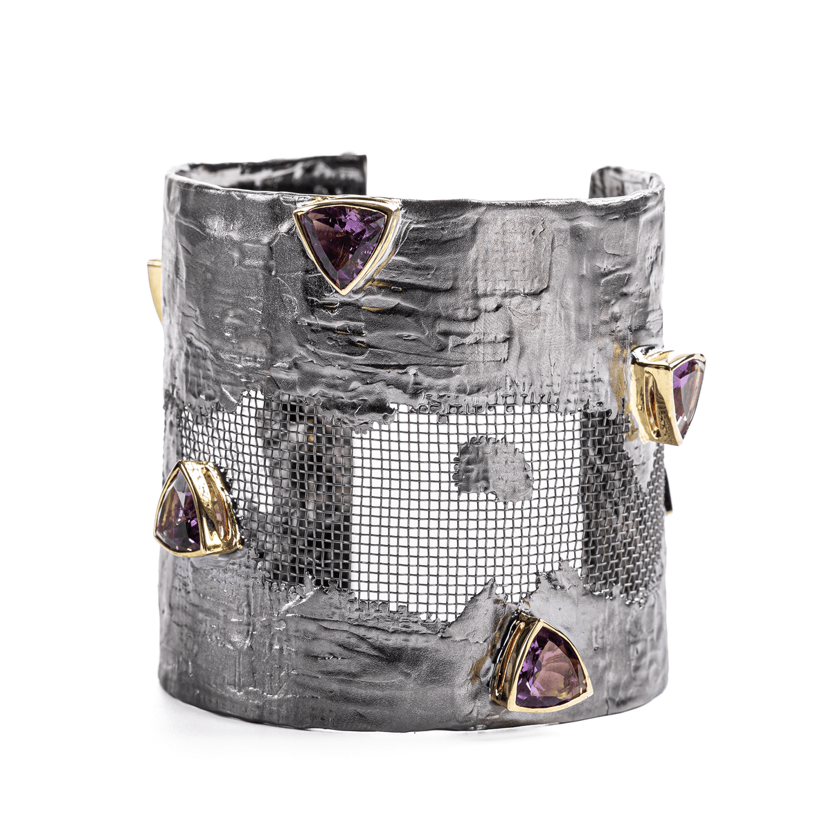 Caranx Silver and Titanium Mesh Bangle with Trillion Cut Amethyst
