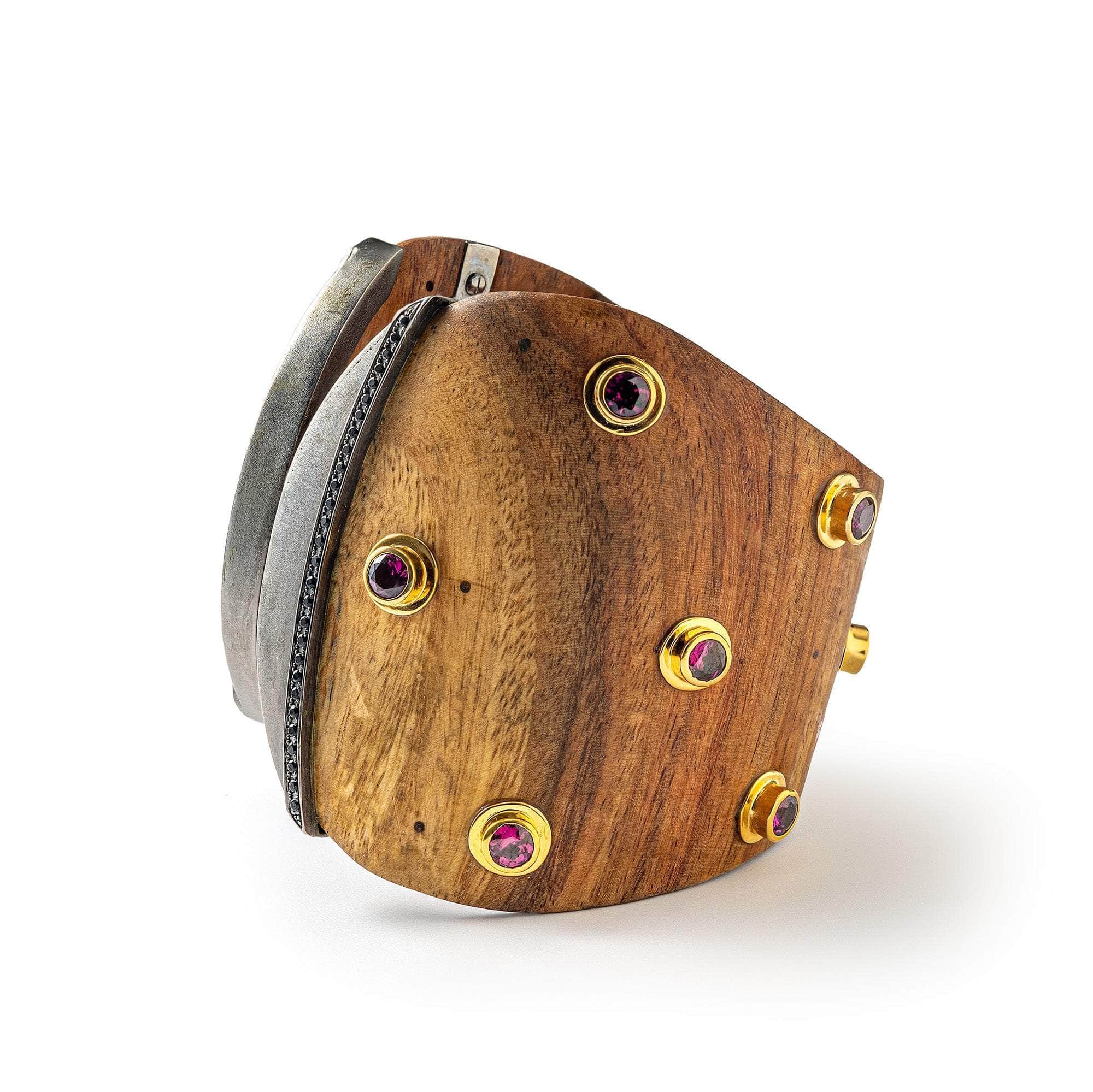 Izar Singular Design Rhodolite & Black Spinel Rosewood Bangle in 925 Sterling Silver