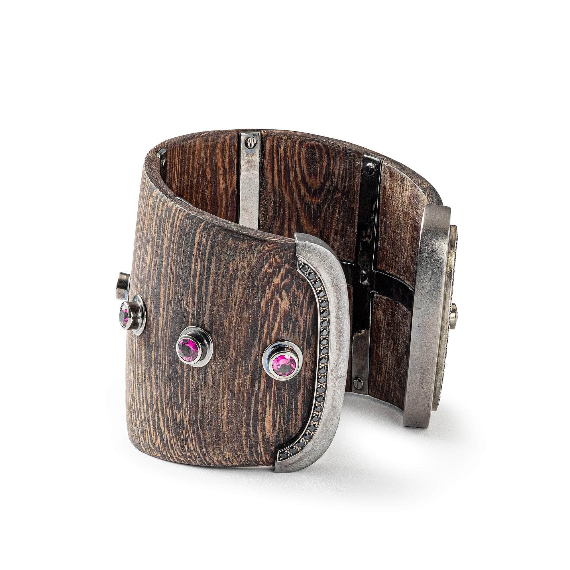 Sterope Rhodolite and Black Spinel Wooden Bracelet in 925 Sterling Silver