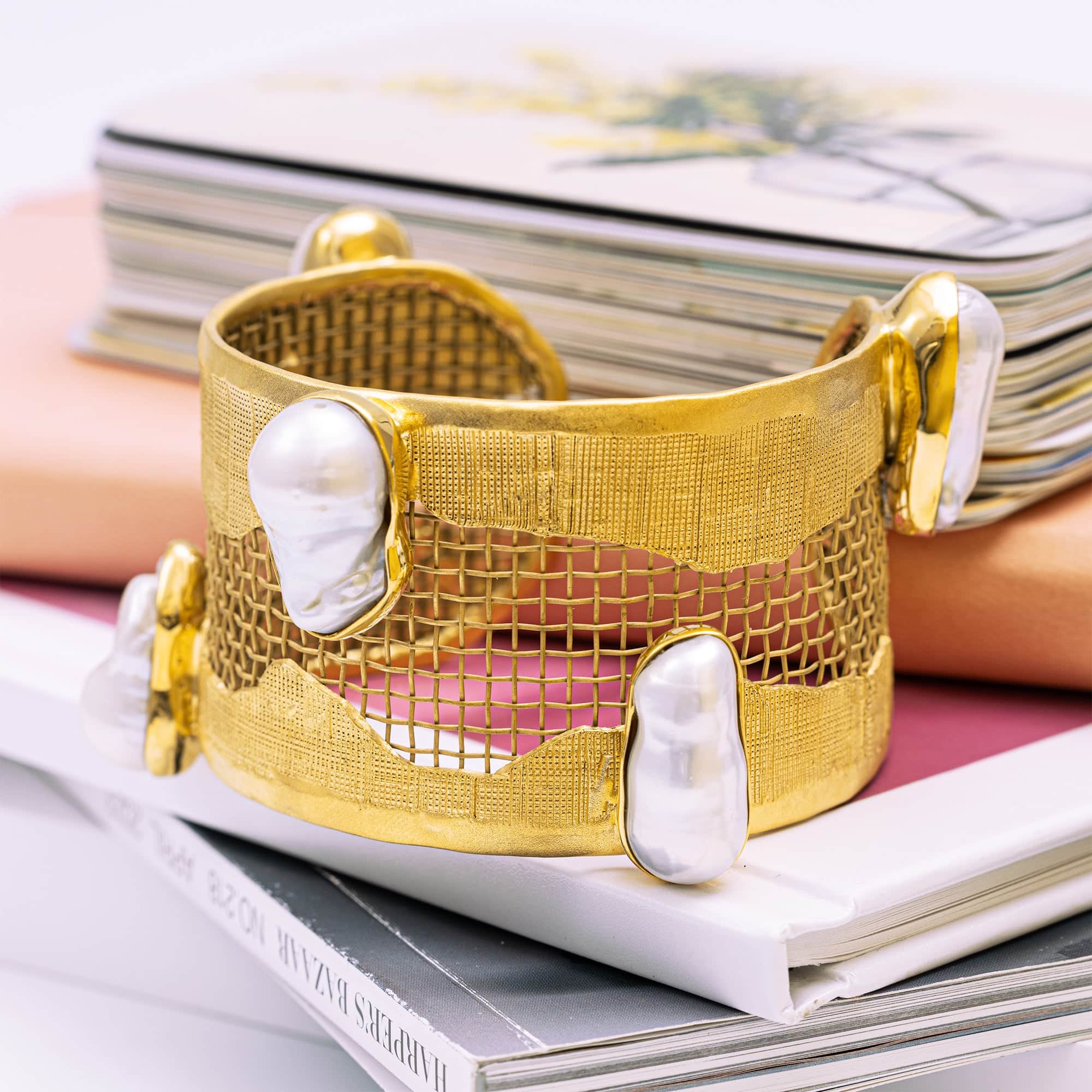 Thrasos Singular Edition Mixed Metal Bracelet 24K Gold Plated with Baroque Pearl