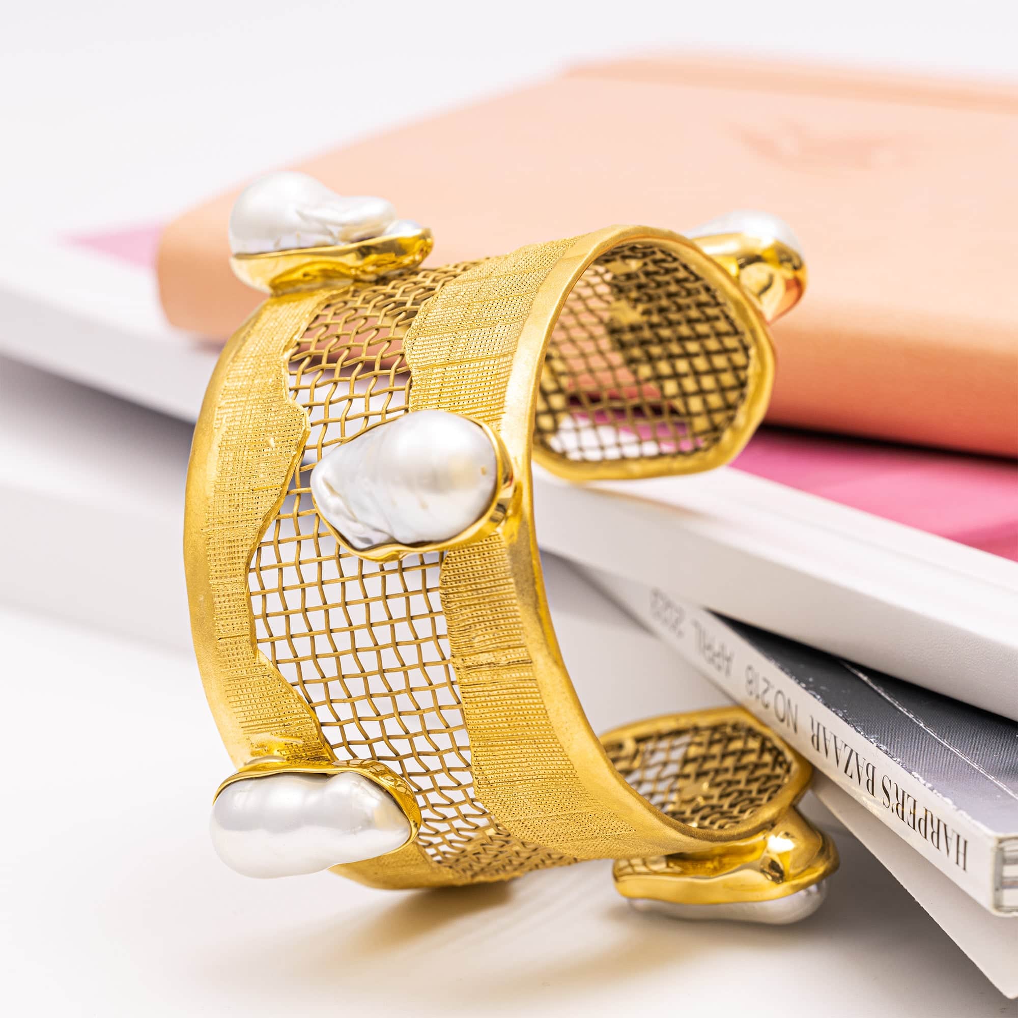 Thrasos Singular Edition Mixed Metal Bracelet 24K Gold Plated with Baroque Pearl