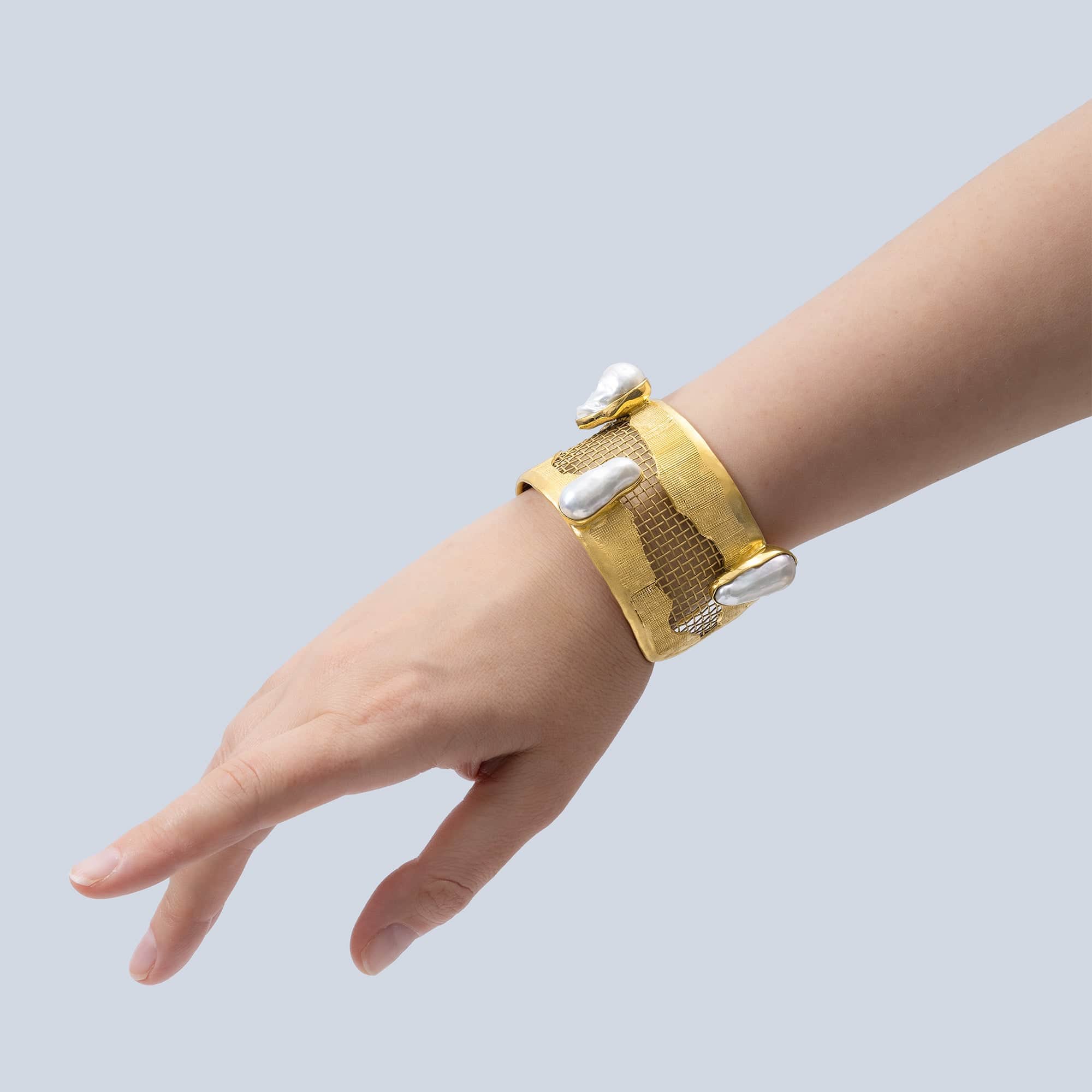 Thrasos Singular Edition Mixed Metal Bracelet 24K Gold Plated with Baroque Pearl