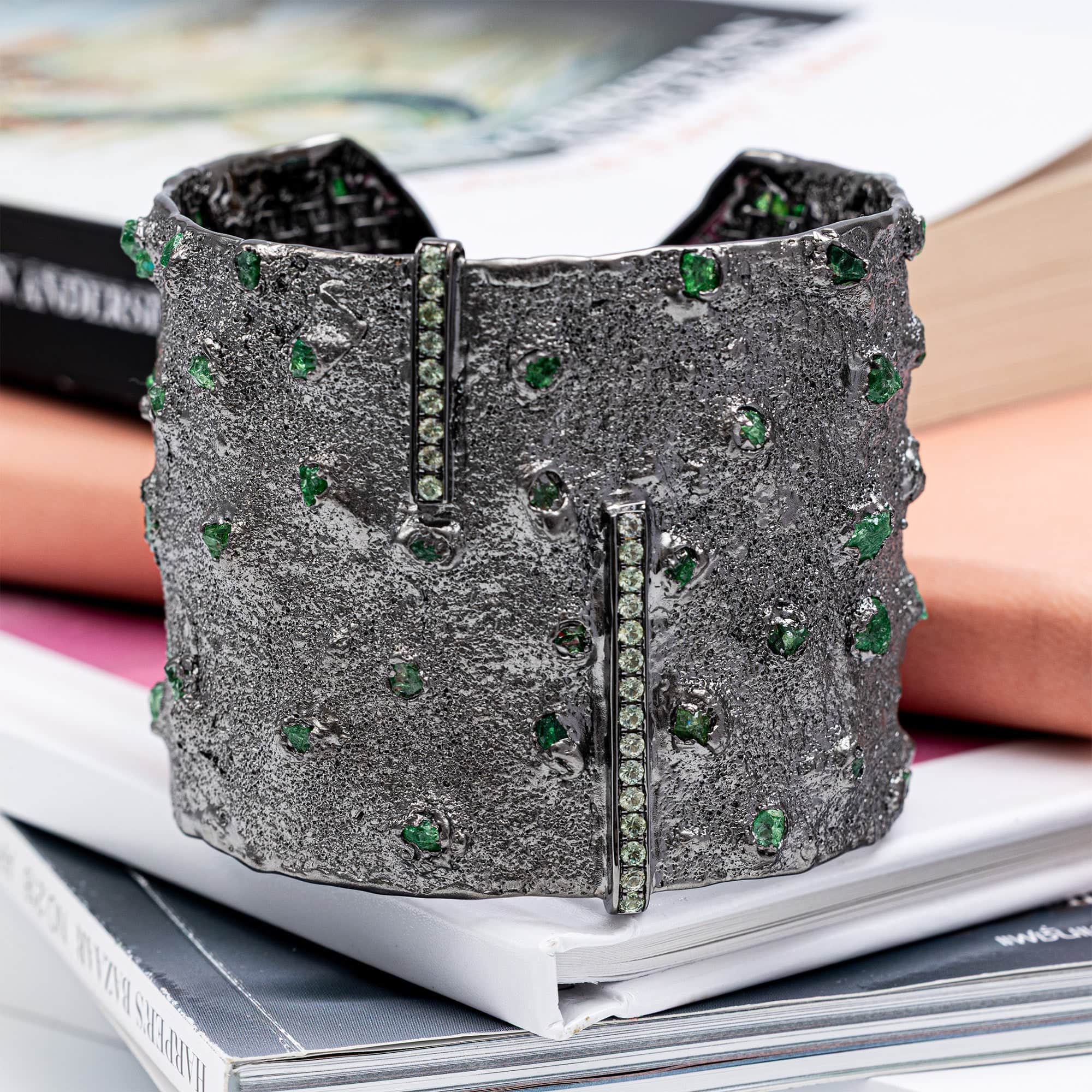 Styx Singular Design Mixed Metal Bracelet with Raw Tsavorite Garnet & Green Sapphire