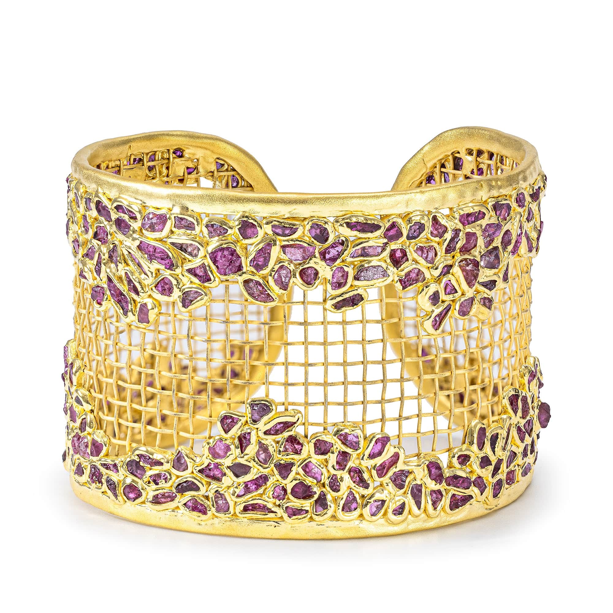 Gravitas Singular Edition Titanium Mesh & Silver Bangle in 14K Gold with Rough Ruby