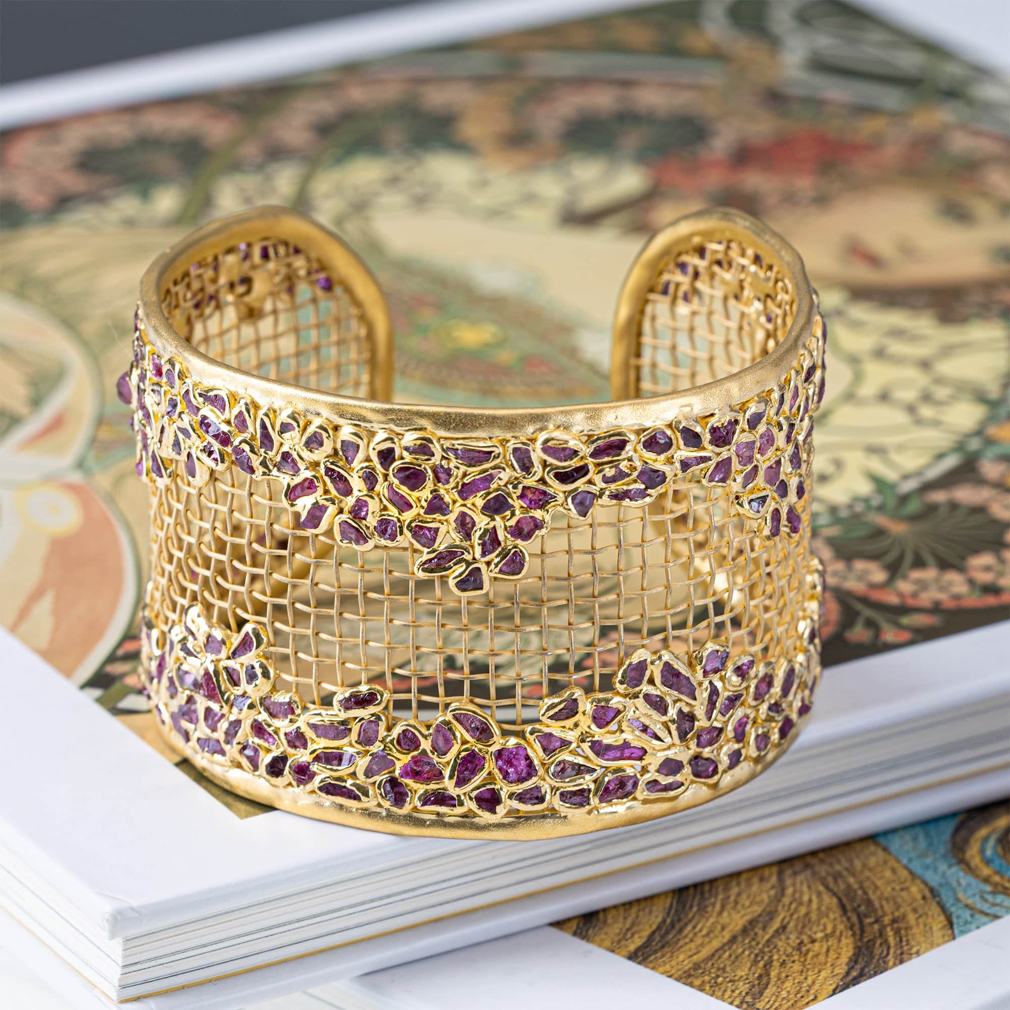Gravitas Singular Edition Titanium Mesh & Silver Bangle in 14K Gold with Rough Ruby