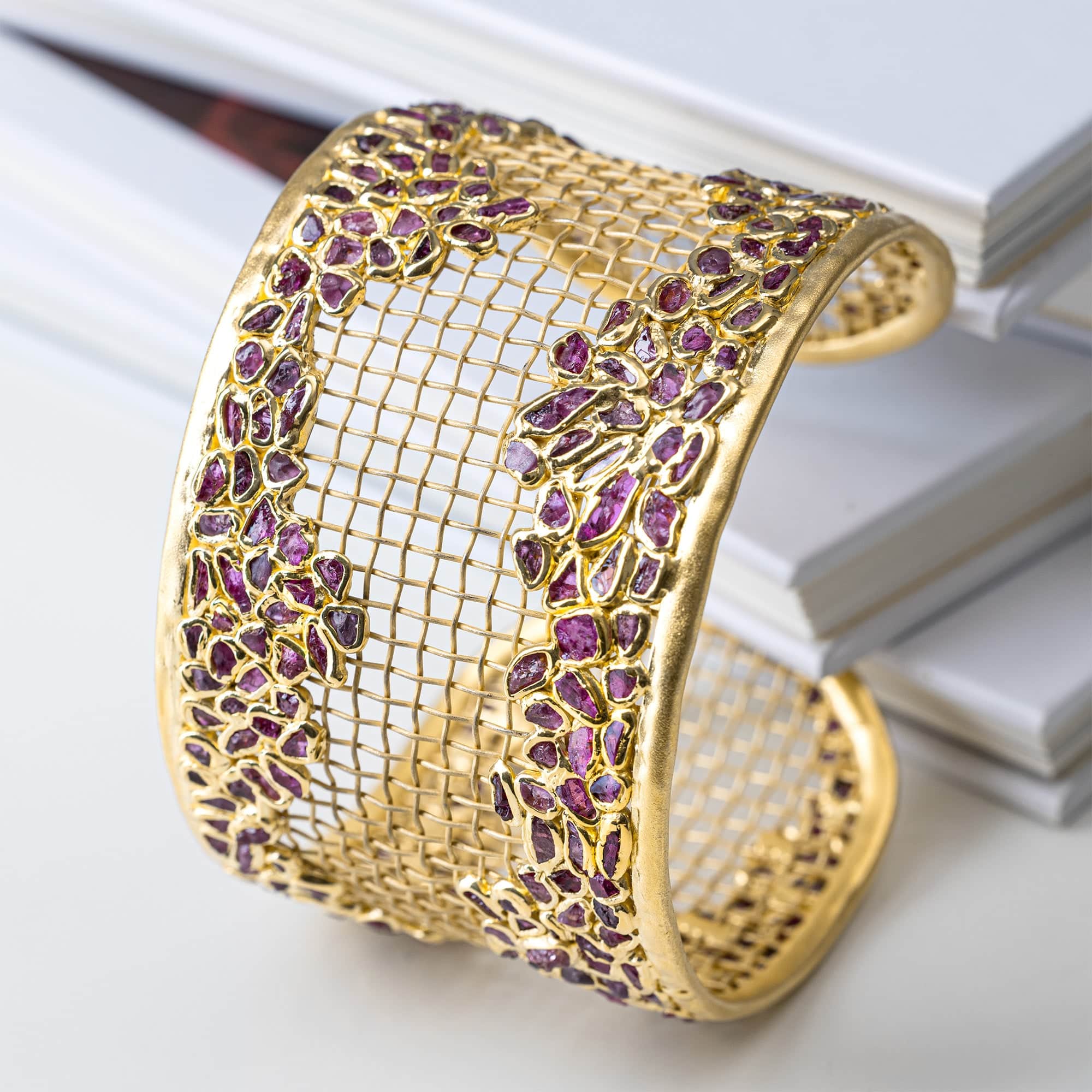Gravitas Singular Edition Titanium Mesh & Silver Bangle in 14K Gold with Rough Ruby