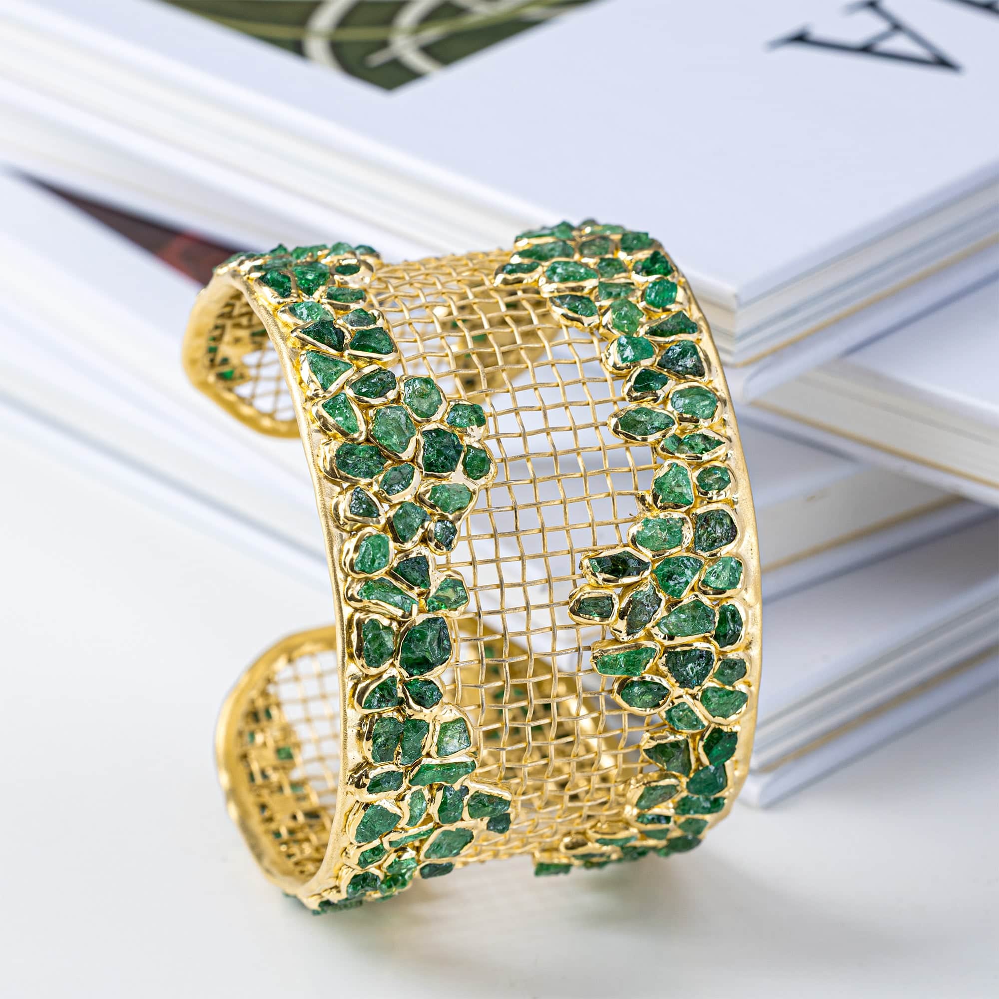 Virtus Singular Edition Titanium Mesh & Silver Bangle in 14K Gold with Rough Tsavorite