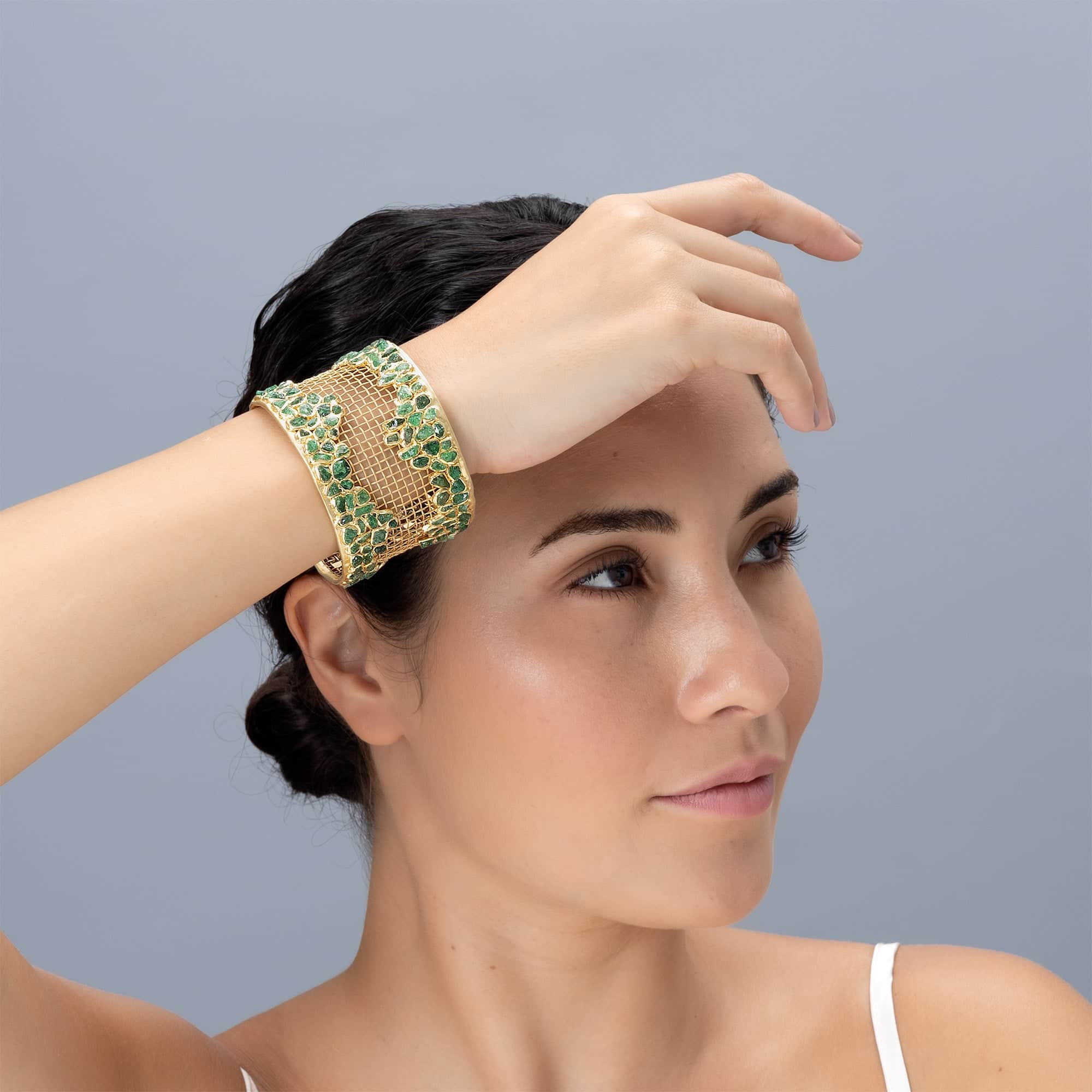 Virtus Singular Edition Titanium Mesh & Silver Bangle in 14K Gold with Rough Tsavorite