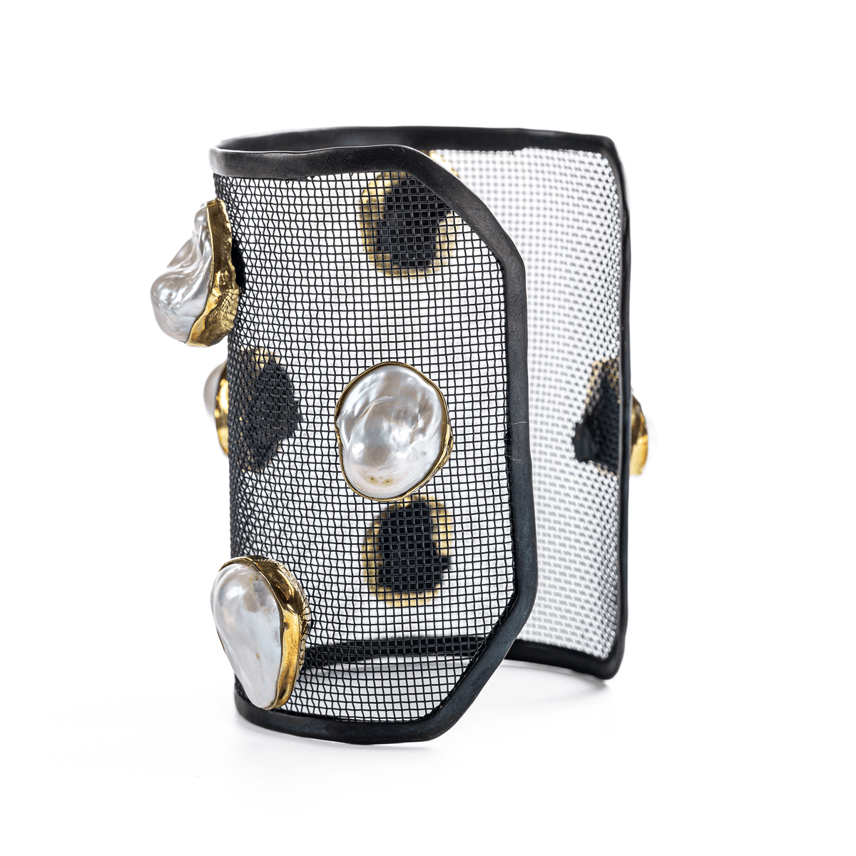 Herem Silver and Titanium Mesh Bangle with Baroque Pearls