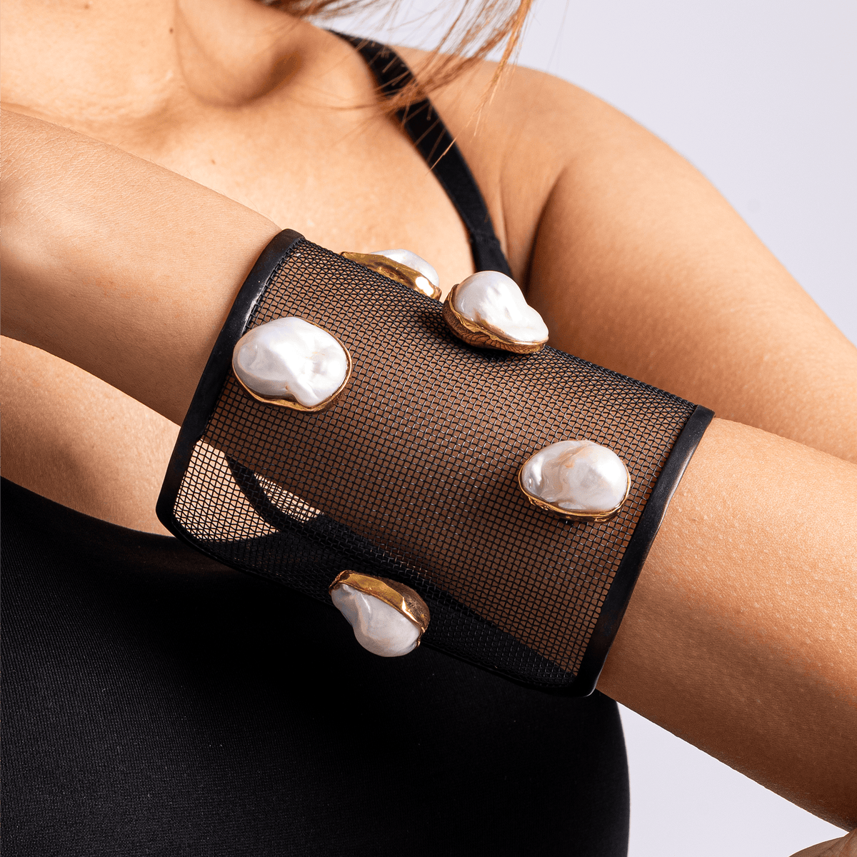 Herem Silver and Titanium Mesh Bangle with Baroque Pearls