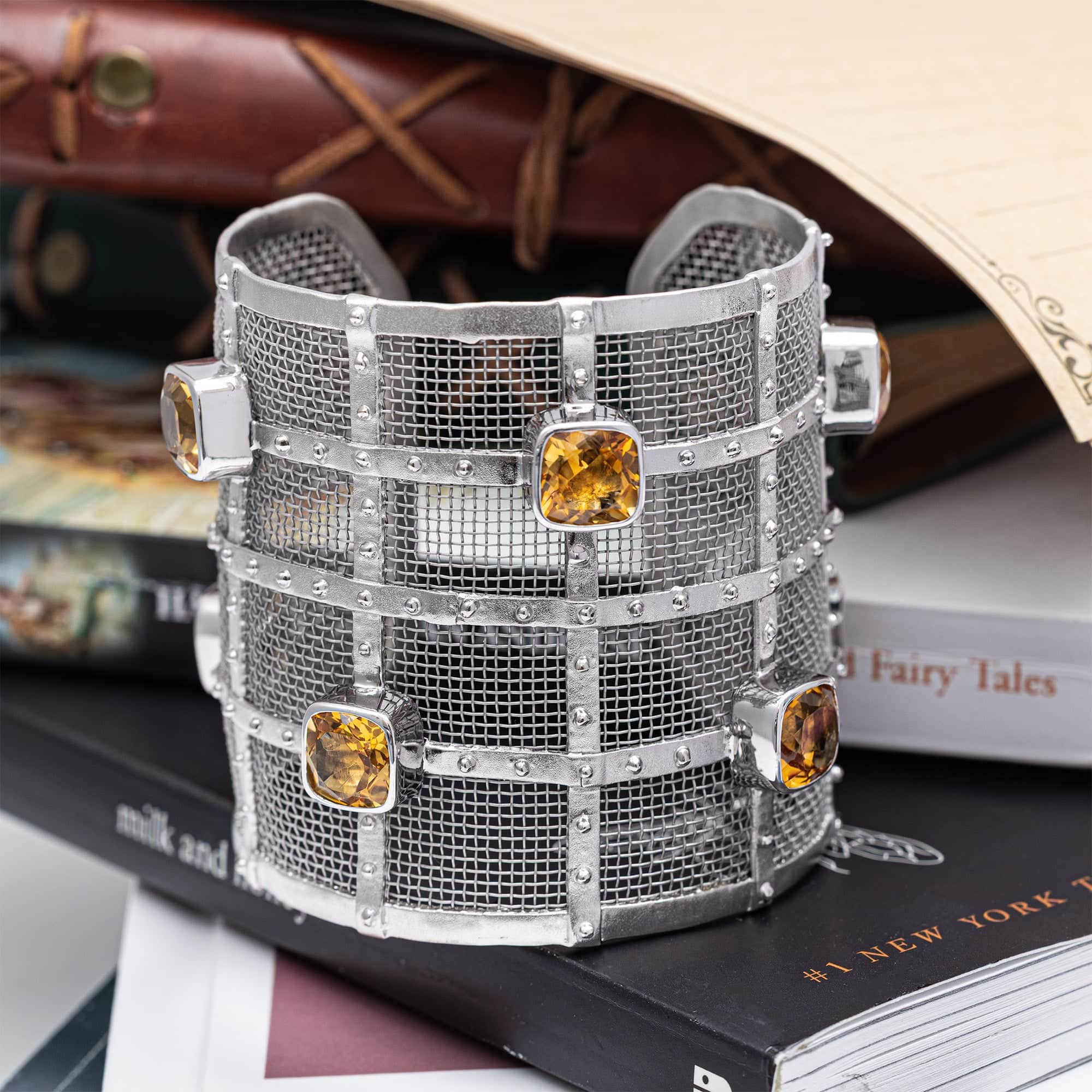 Styga Singular Edition Titanium Mesh & Sterling Silver Bangle with Citrines