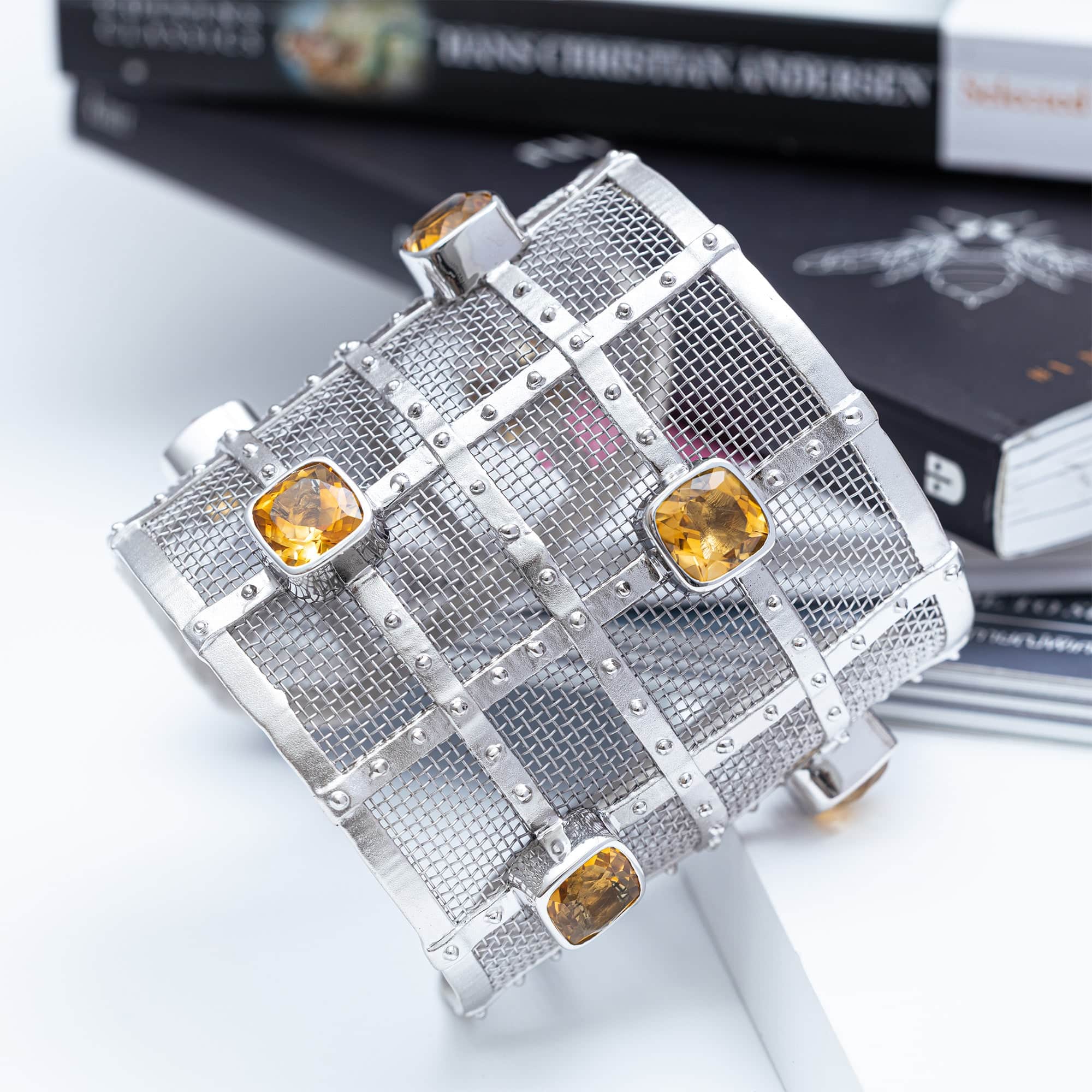 Styga Singular Edition Titanium Mesh & Sterling Silver Bangle with Citrines