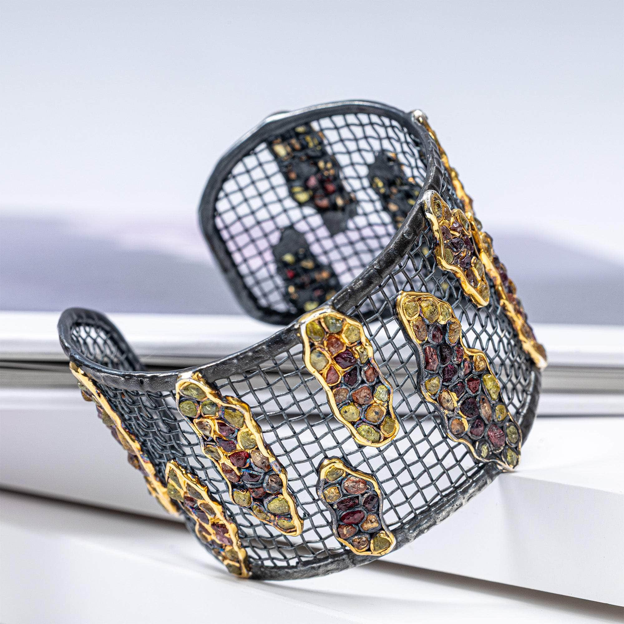 Hecate One of a Kind Bracelet in 14K Gold Plated Oxidized Silver and Titanium Mesh with Rough Mixed Sapphire Clusters