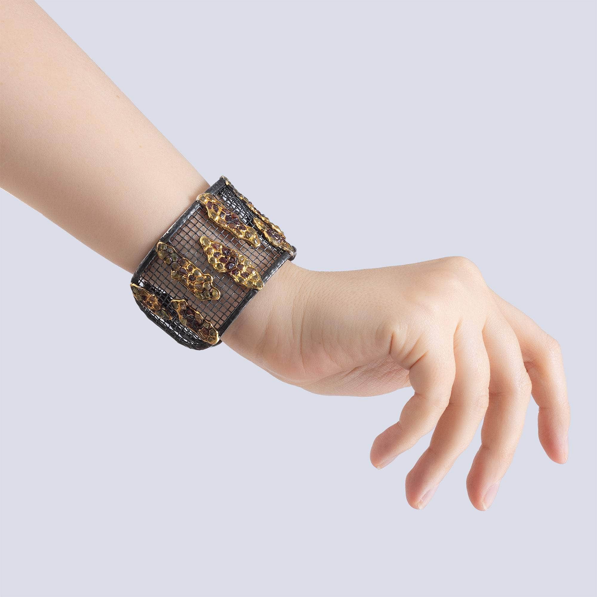 Hecate One of a Kind Bracelet in 14K Gold Plated Oxidized Silver and Titanium Mesh with Rough Mixed Sapphire Clusters