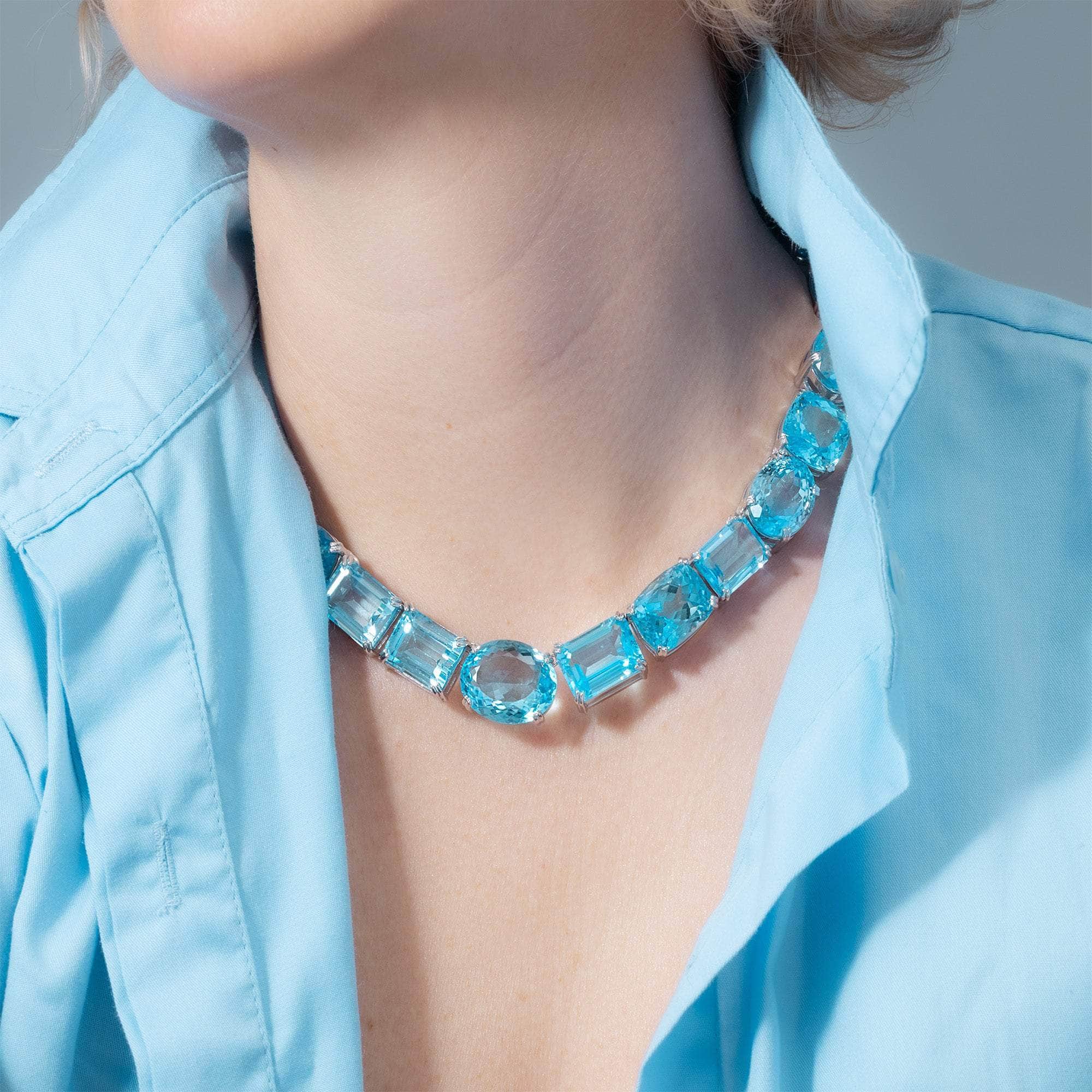 Thalyn Sterling Silver Necklace With Mixed-Cut Blue Topaz Gemstones in Statement Design
