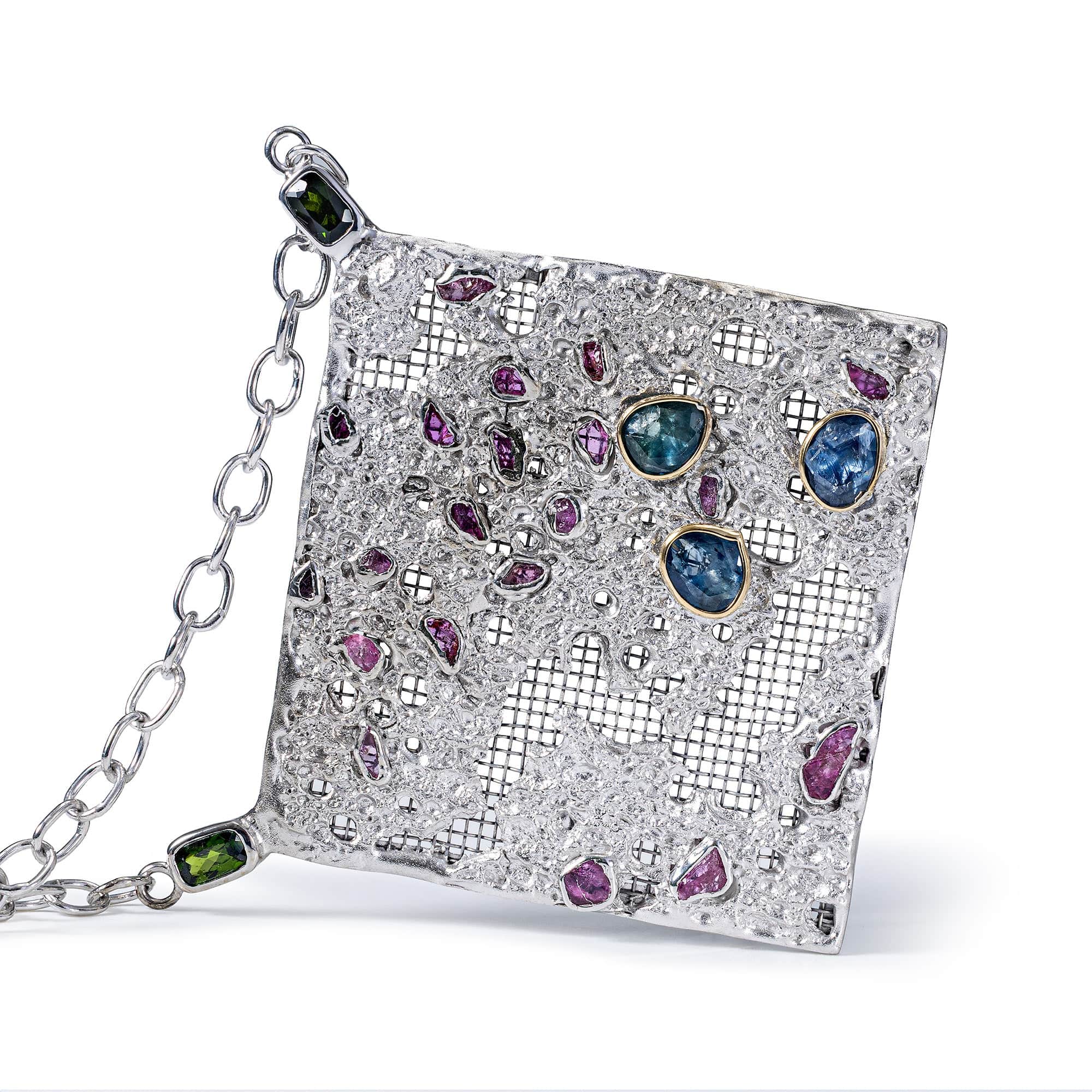Thymos Singular Edition Silver & Titanium Mesh Necklace with Chrome Diopside Sapphire & Ruby