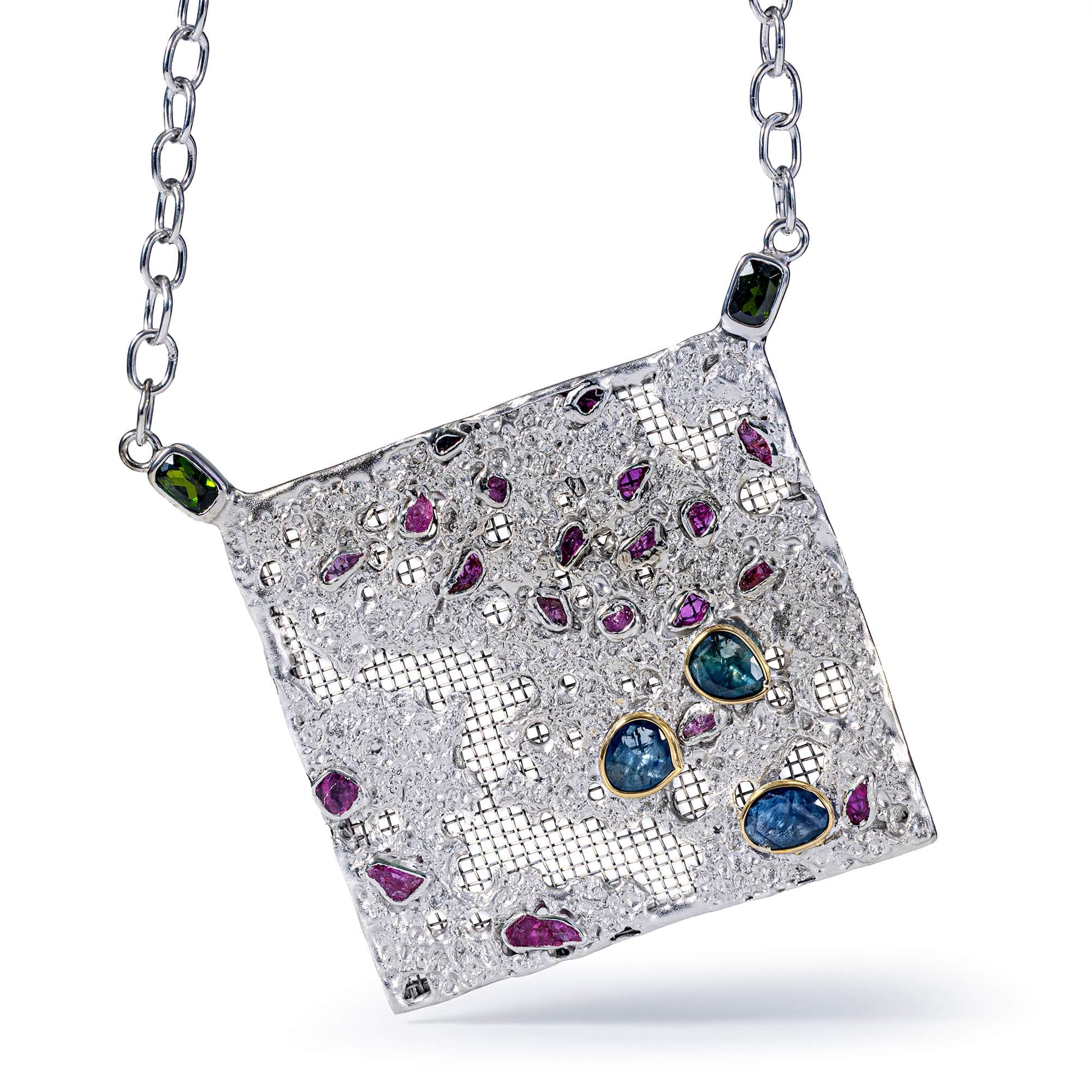 Thymos Singular Edition Silver & Titanium Mesh Necklace with Chrome Diopside Sapphire & Ruby