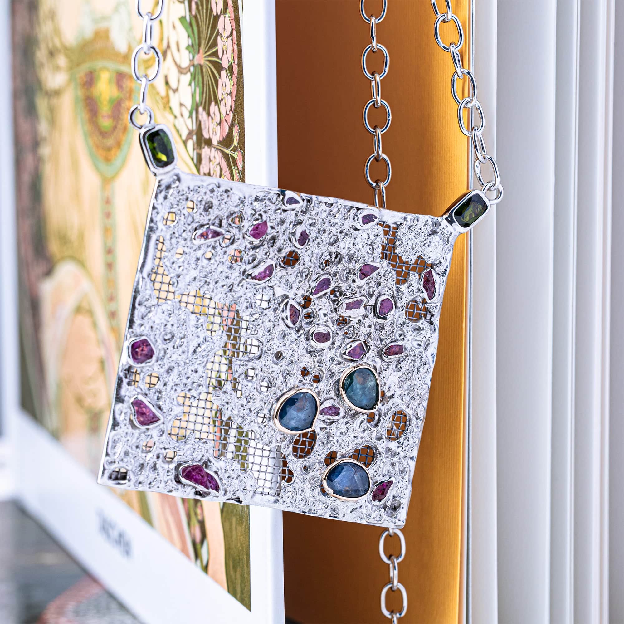 Thymos Singular Edition Silver & Titanium Mesh Necklace with Chrome Diopside Sapphire & Ruby