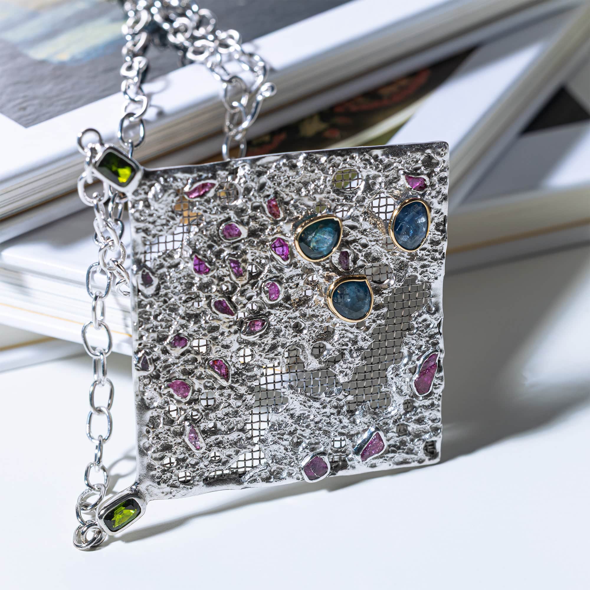 Thymos Singular Edition Silver & Titanium Mesh Necklace with Chrome Diopside Sapphire & Ruby