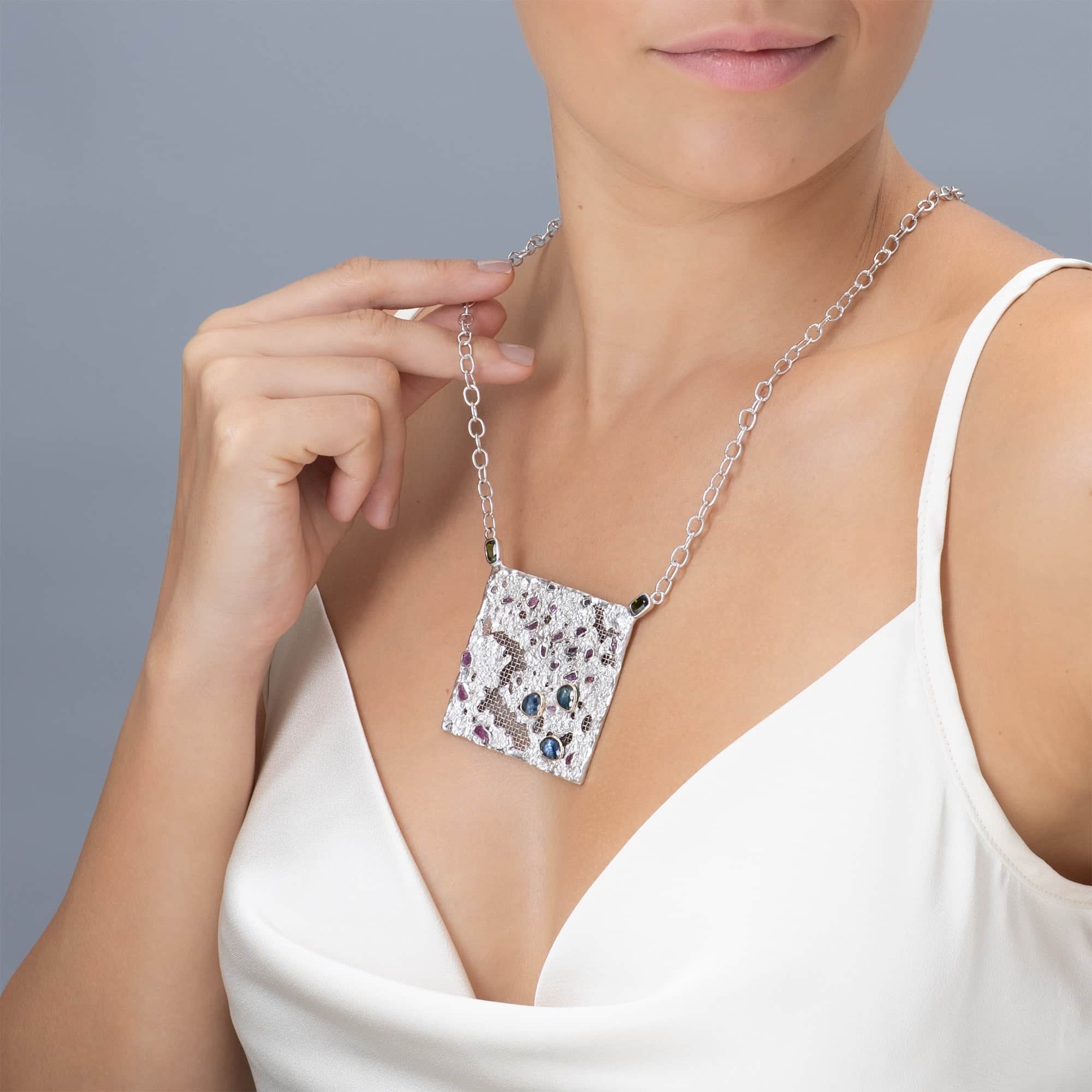 Thymos Singular Edition Silver & Titanium Mesh Necklace with Chrome Diopside Sapphire & Ruby