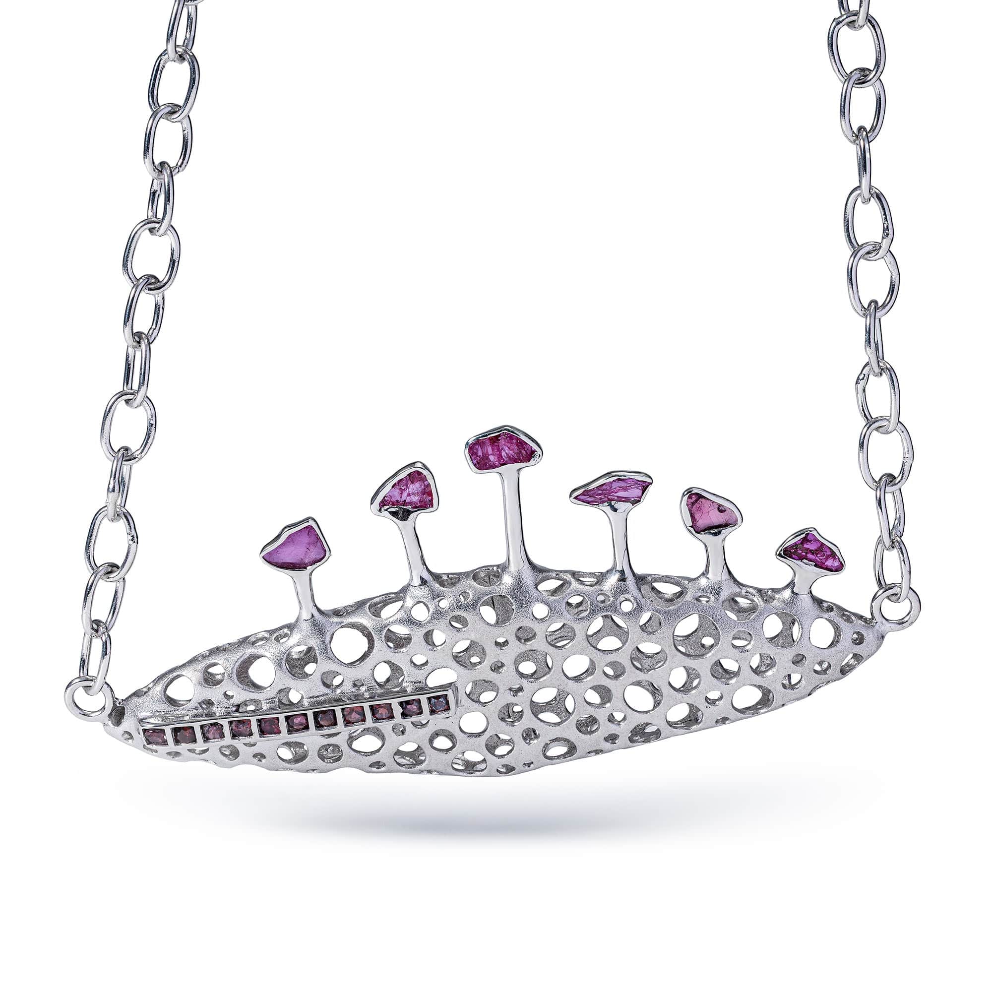 Notos Singular Edition Silver Necklace with Raw Rubies & Rhodolite Garnet Line