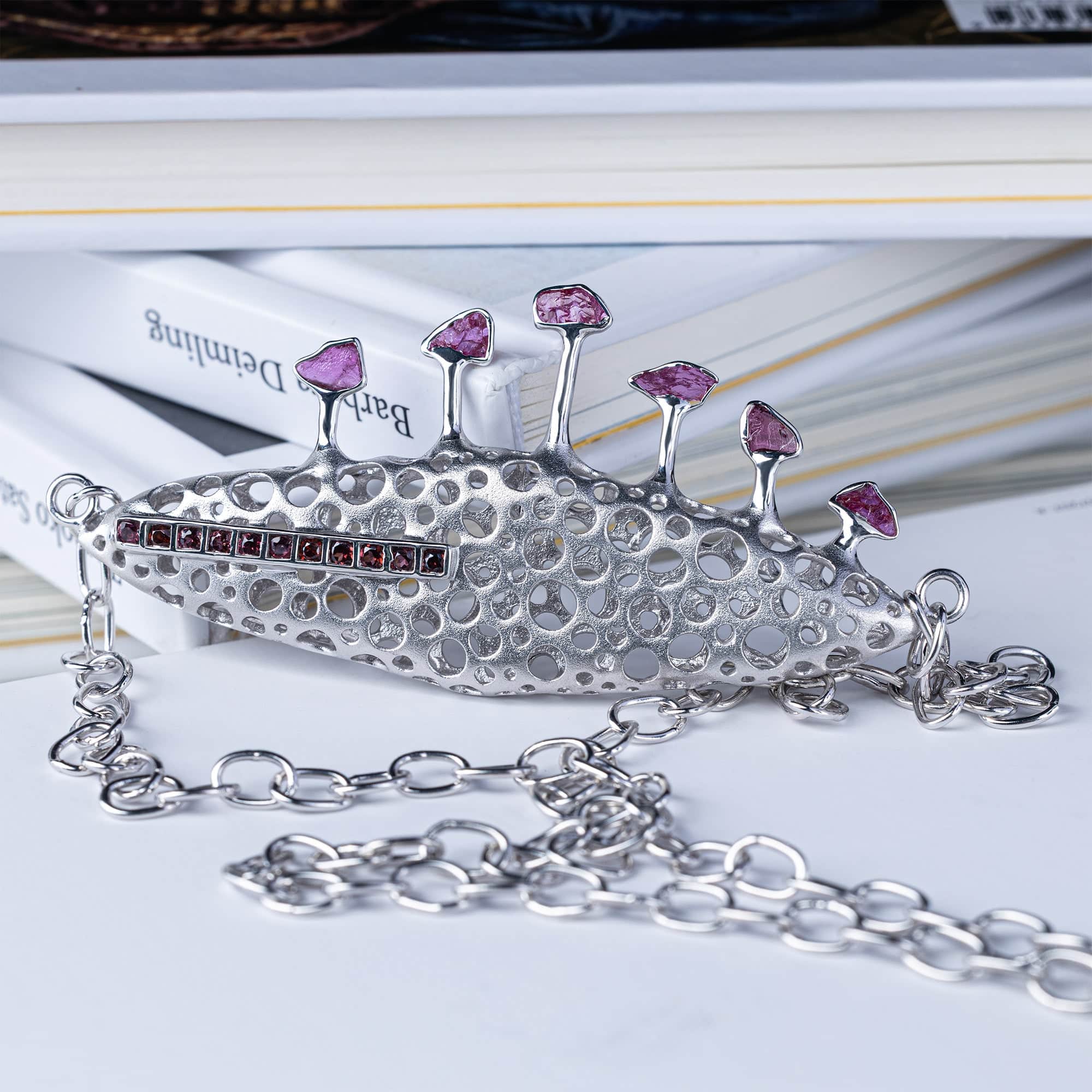 Notos Singular Edition Silver Necklace with Raw Rubies & Rhodolite Garnet Line