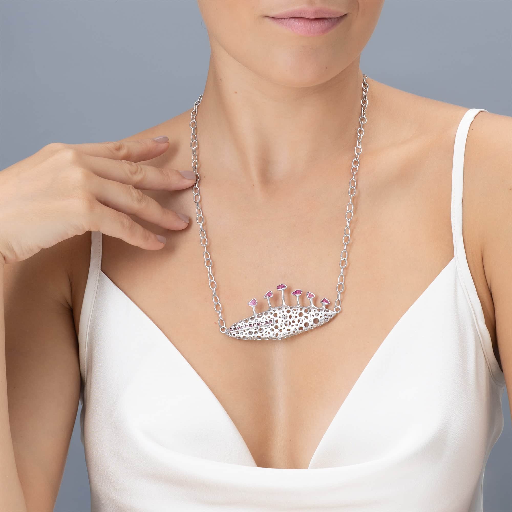 Notos Singular Edition Silver Necklace with Raw Rubies & Rhodolite Garnet Line