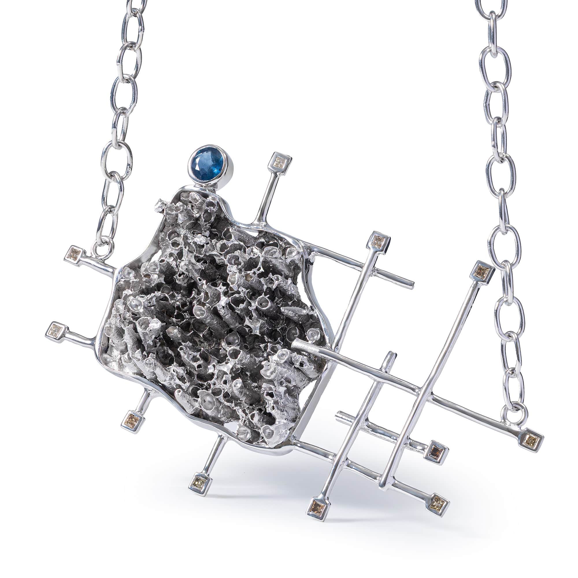 Chiselon Singular Edition Silver Necklace with Blue Sapphire & Fancy Diamonds