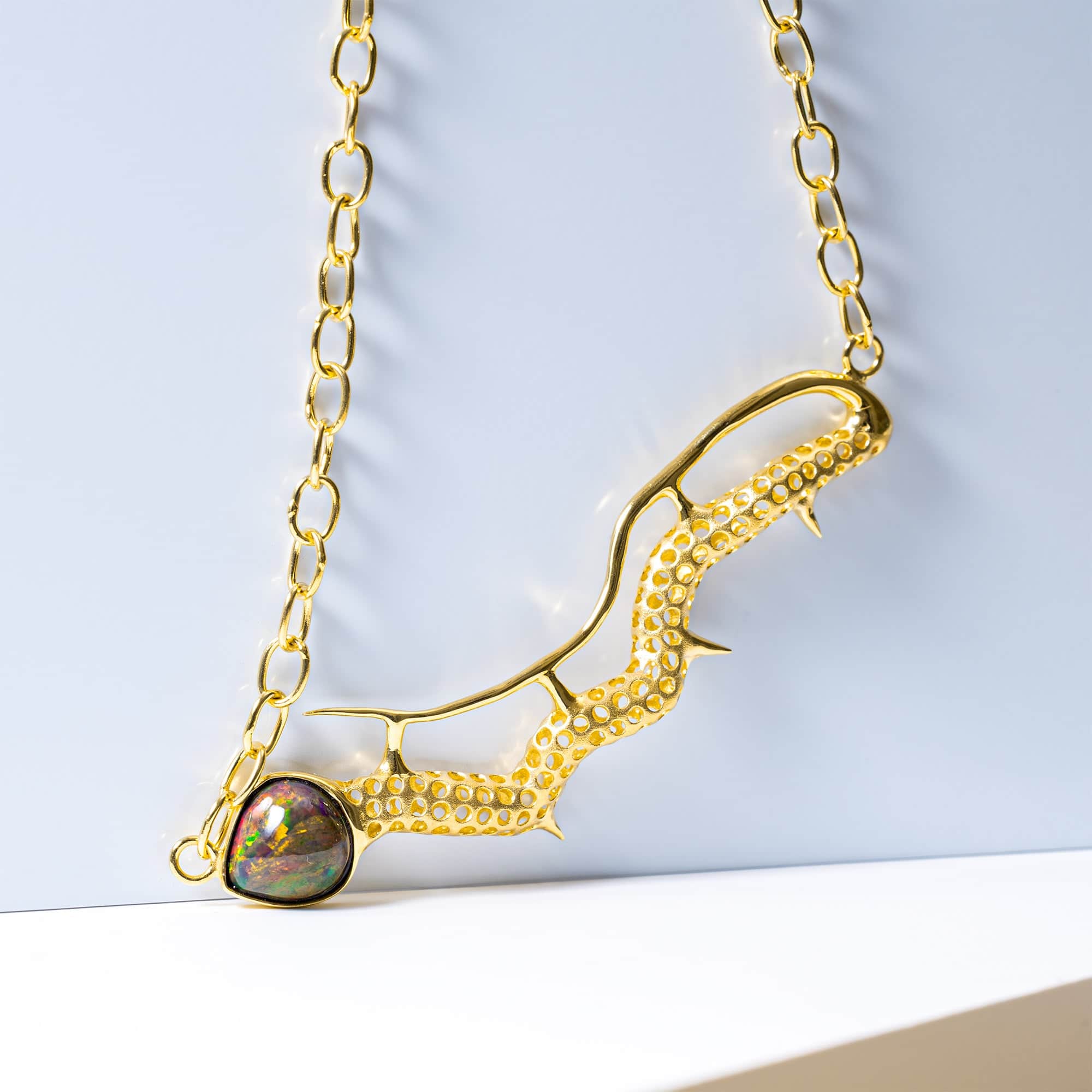 Camulus One of a Kind Silver Necklace in 14K Gold With Black Opal