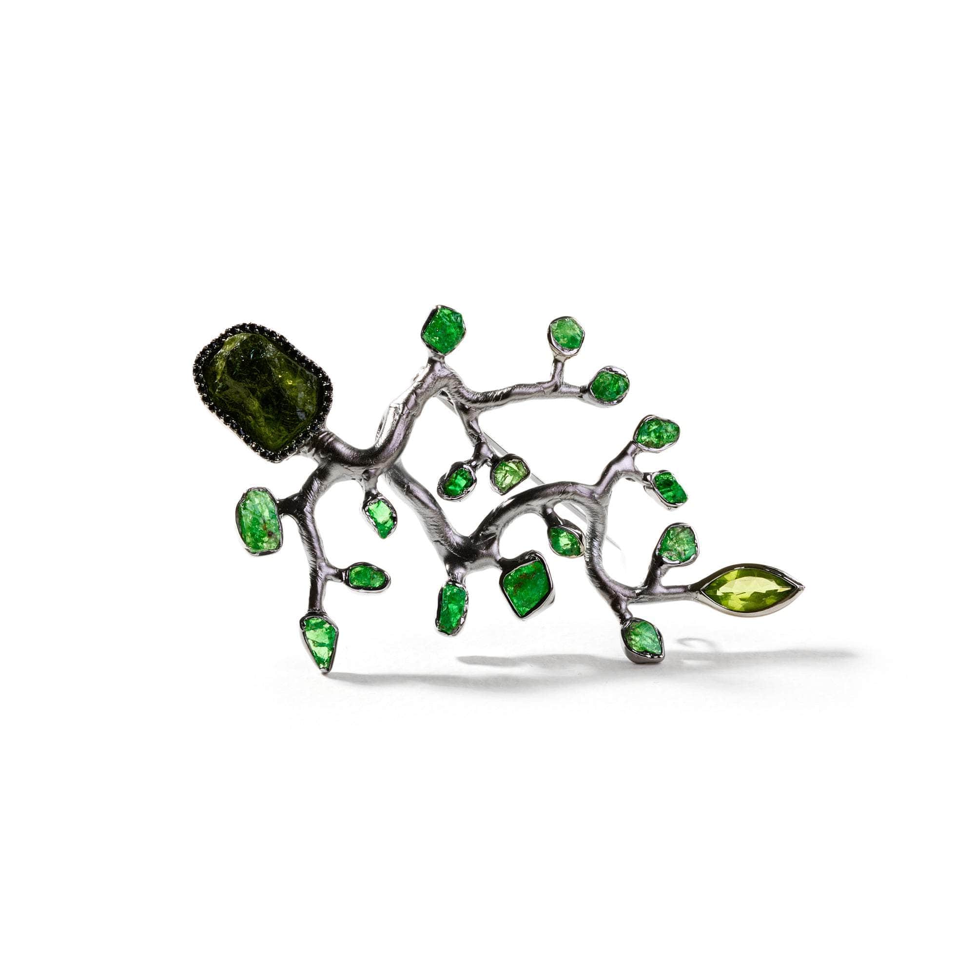 Atara Rough Tsavorite and Rough Peridot and Black Spinel Brooch GERMAN KABIRSKI