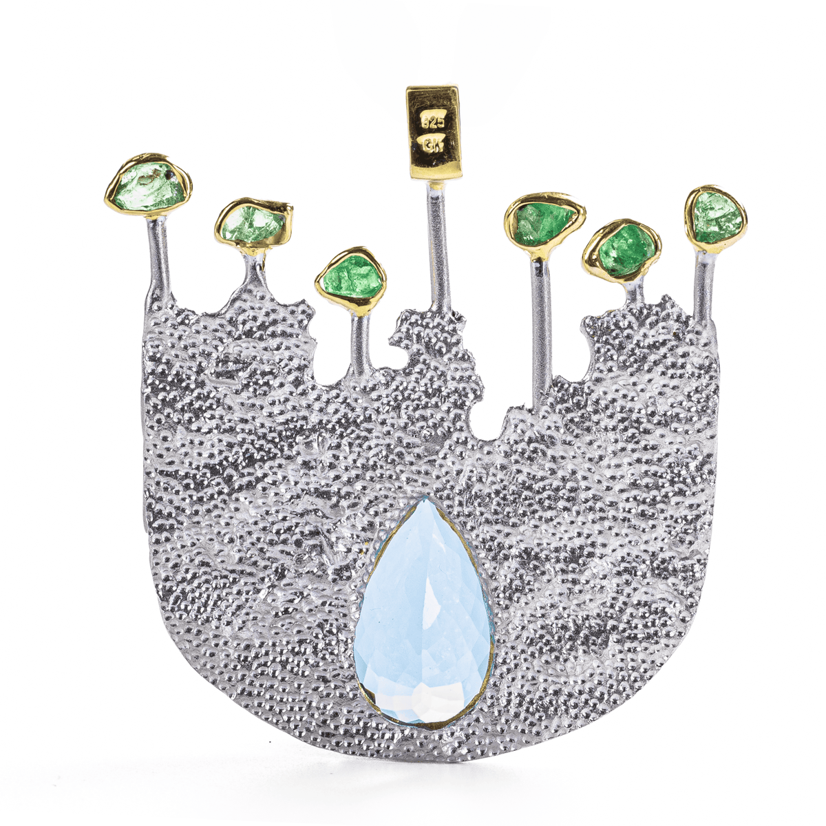 Ocellus Singular Edition Natural Pear Cut Topaz & Raw Tsavorite Textured Silver Pendant