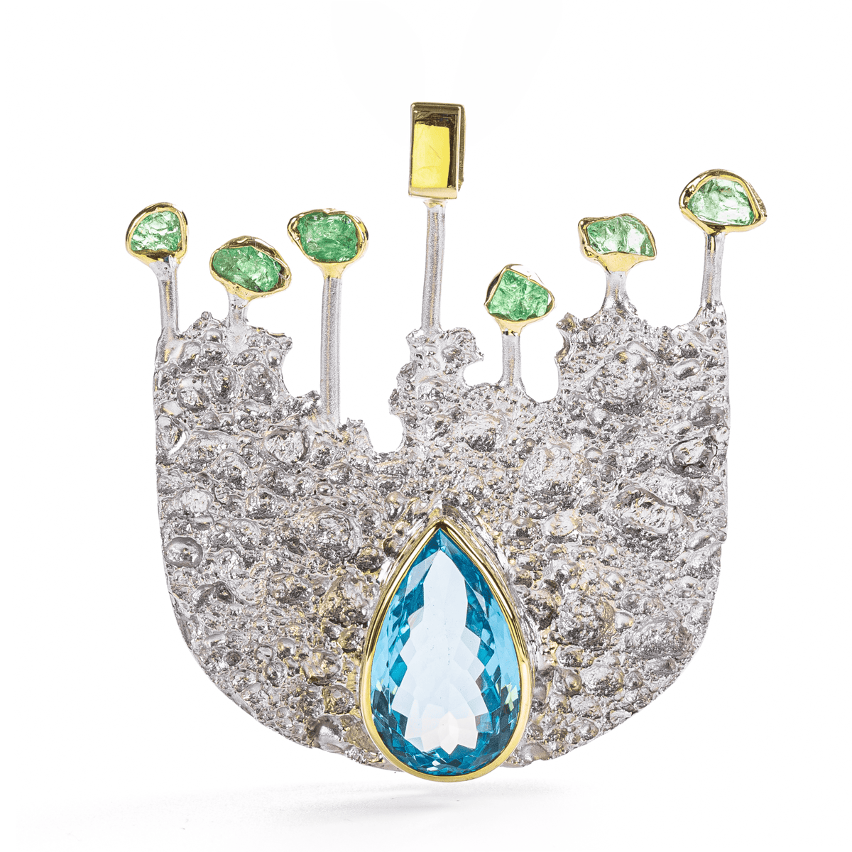Ocellus Singular Edition Natural Pear Cut Topaz & Raw Tsavorite Textured Silver Pendant