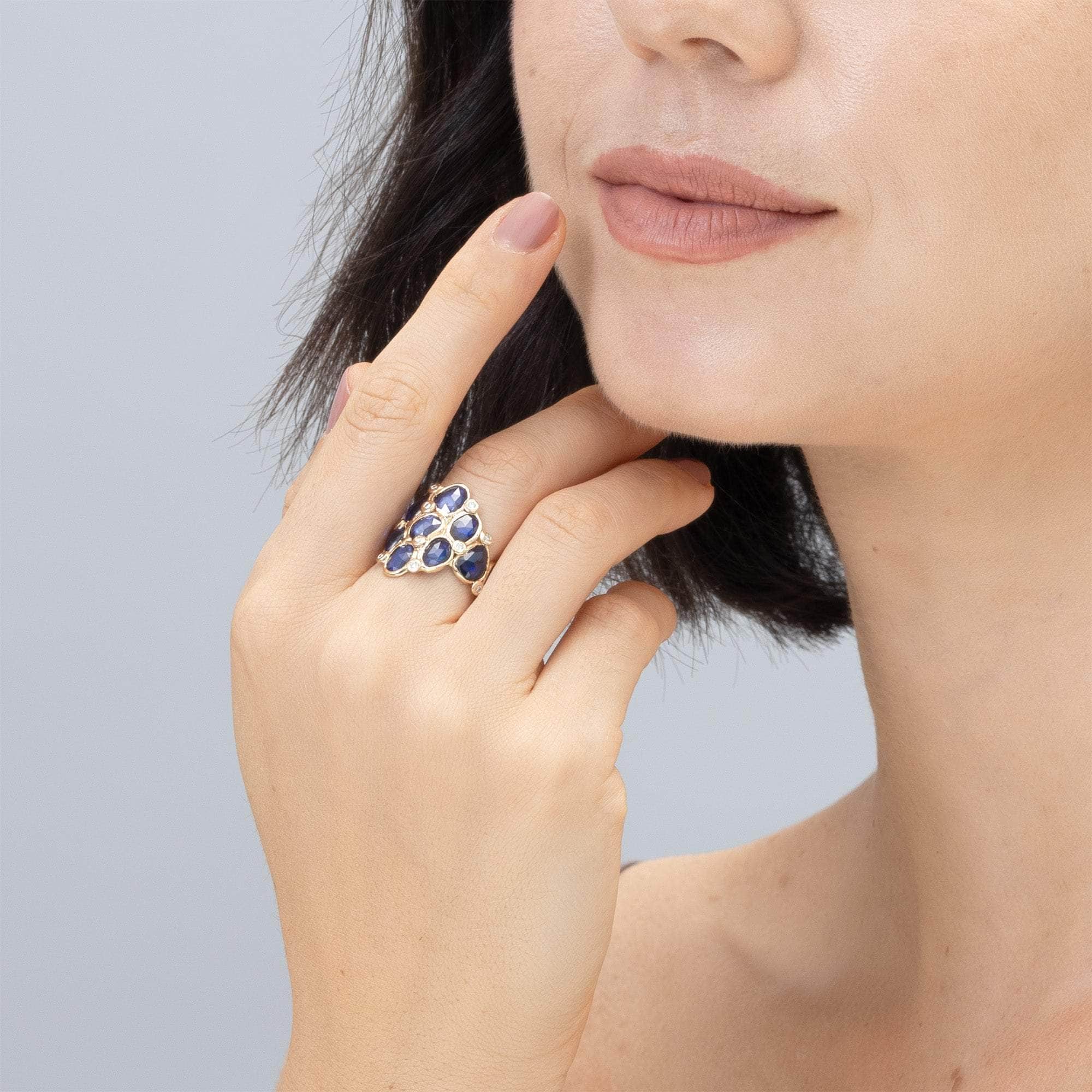 Lugge Stained Glass 14K Gold Ring with Blue Sapphire and Diamonds